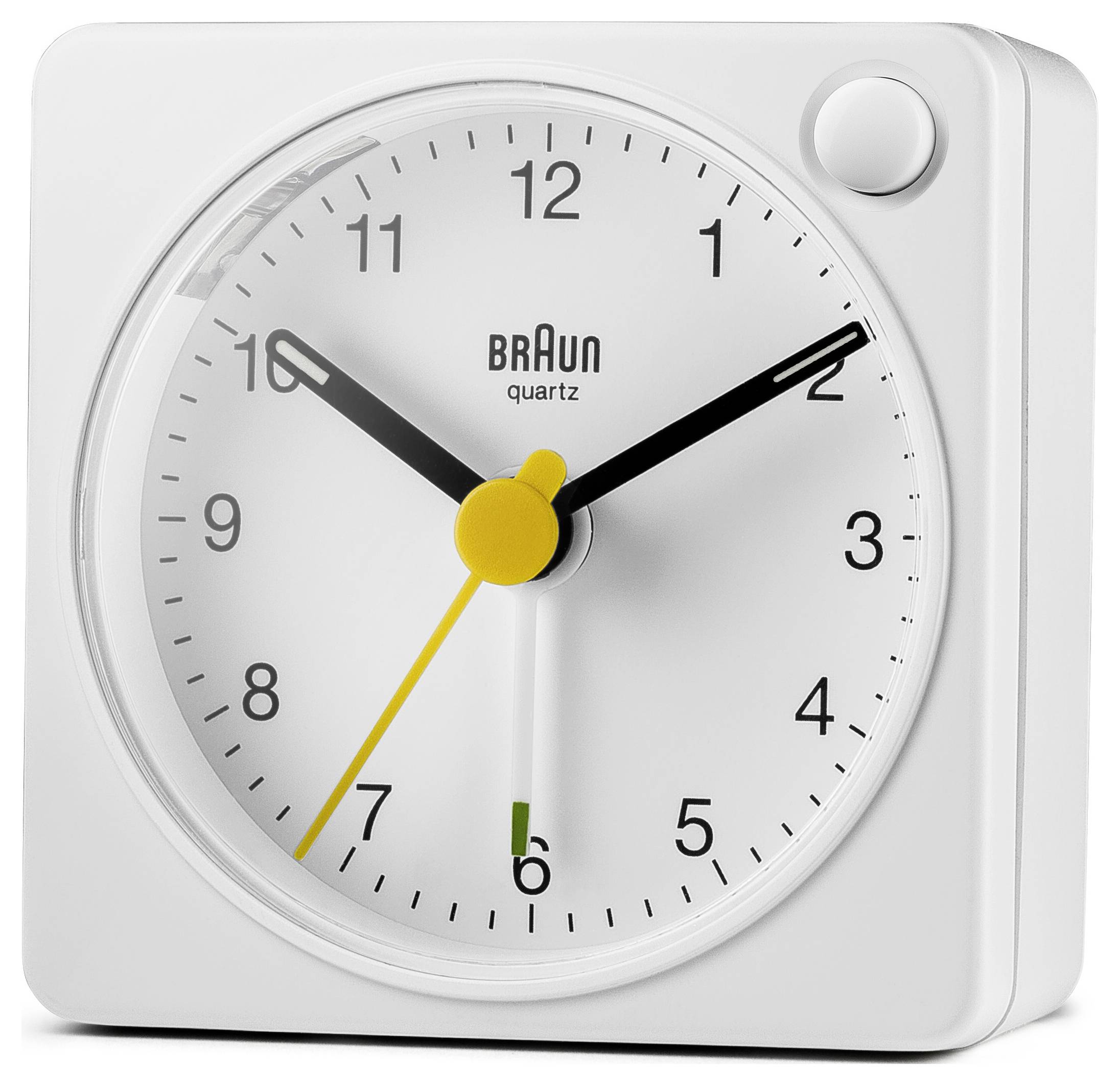 Horloge à alarme analogique en quartz Braun blanche avec des aiguilles des heures et des minutes noires et une aiguille des secondes jaune, affichant environ 10h10.