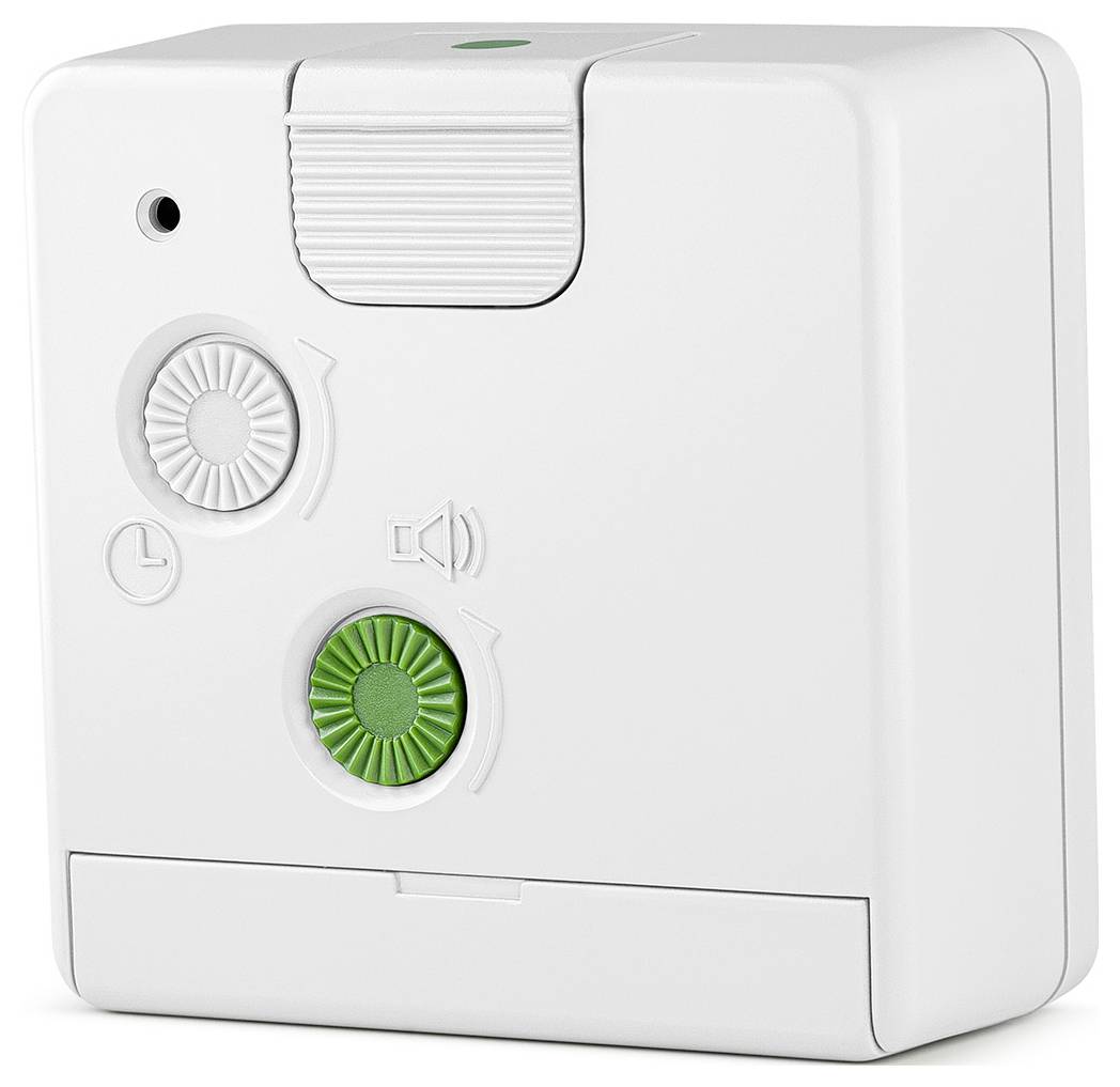 Unité de contrôle murale blanche montée au mur avec un cadran, une icône de haut-parleur, une icône d'horloge et une lumière indicatrice, probablement destinée aux paramètres de chauffage ou de minuterie de pièce.