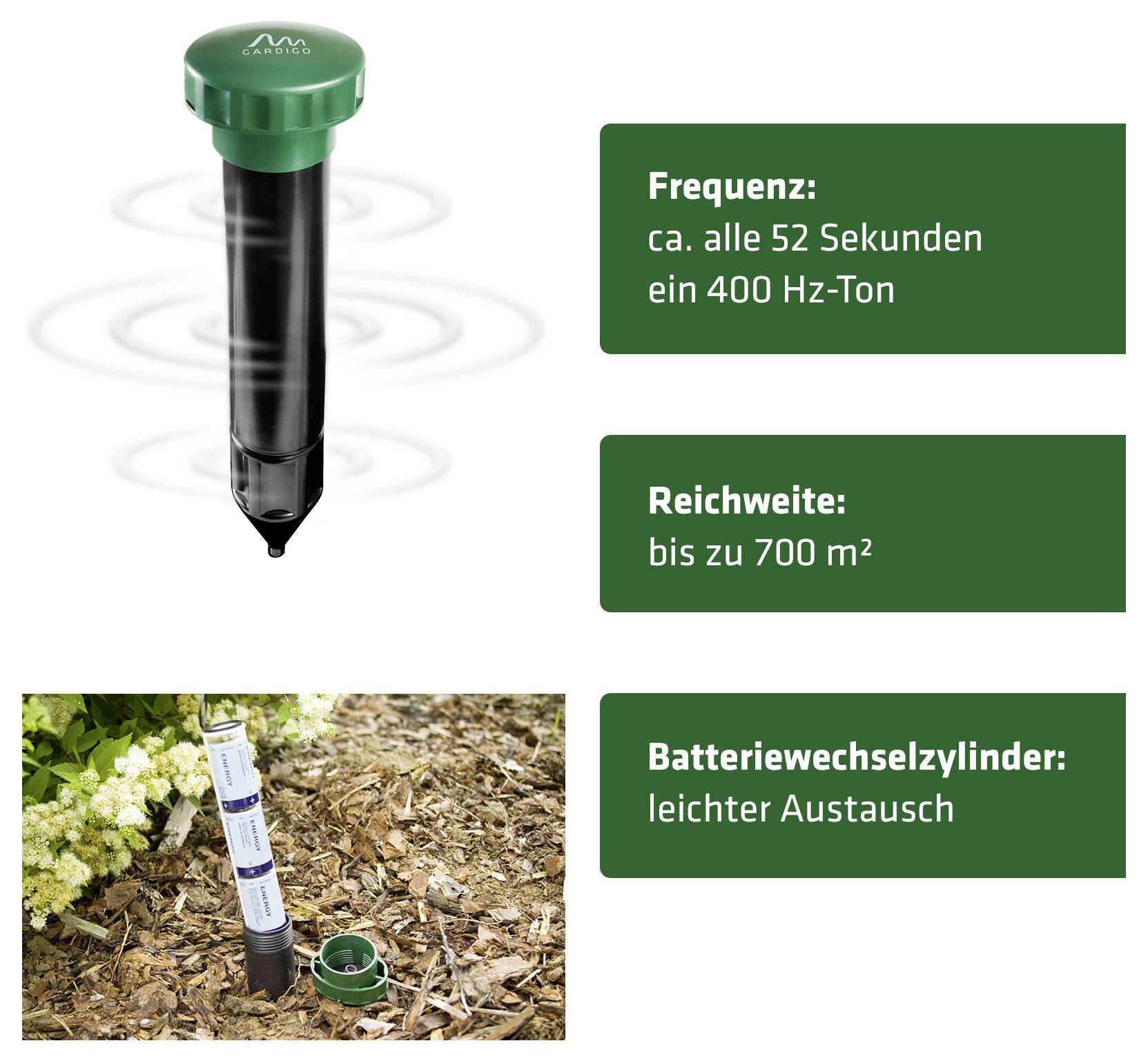 Illustration publicitaire d'un appareil de répulsion animale : fréquence d'environ tous les 52 secondes, son de 400 Hz, portée jusqu'à 700 m², cylindre de remplacement de batterie pour un remplacement facile.