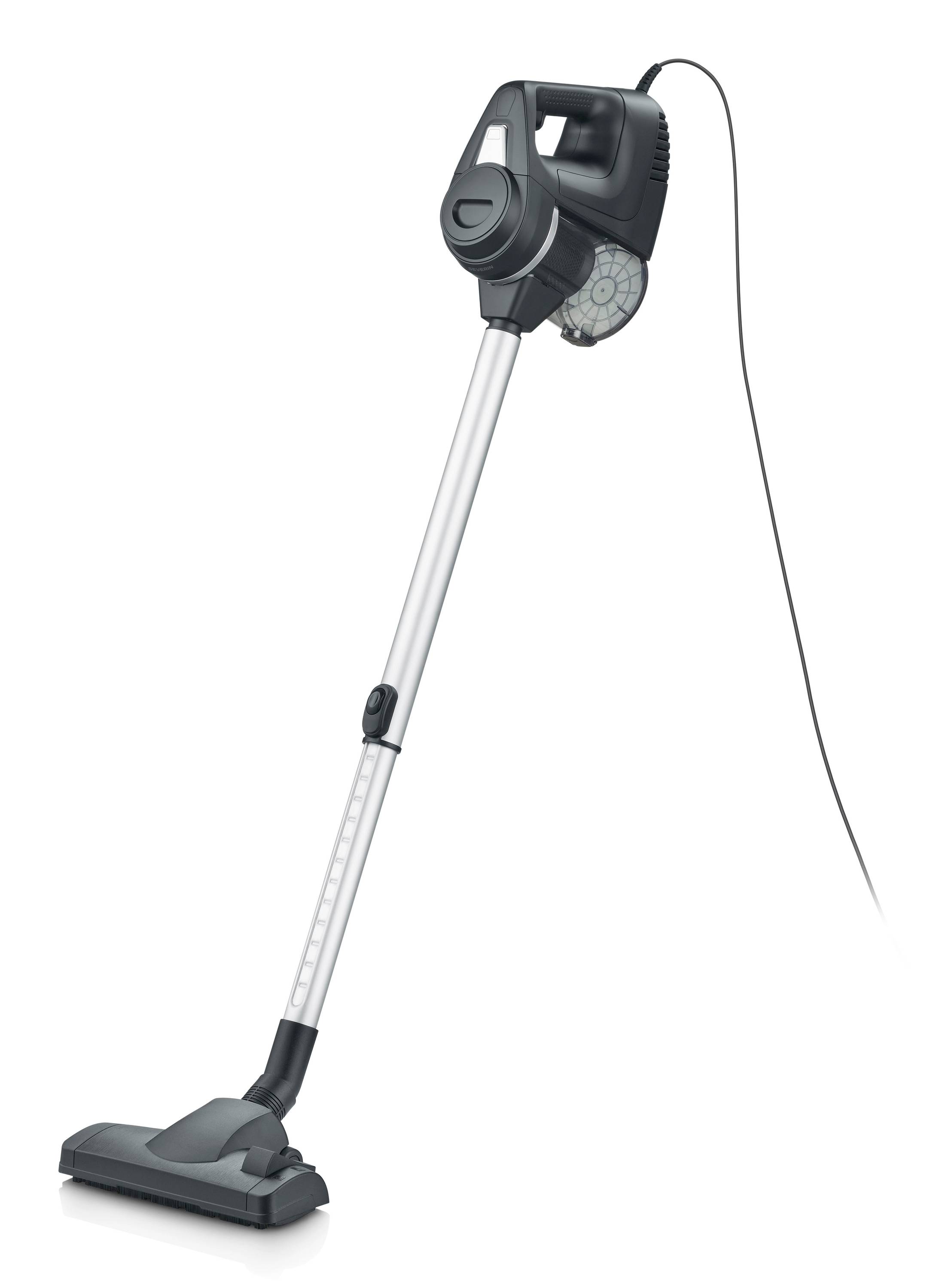 Aspirateur balai filaire vertical avec un long manche et une buse de sol sur fond blanc.