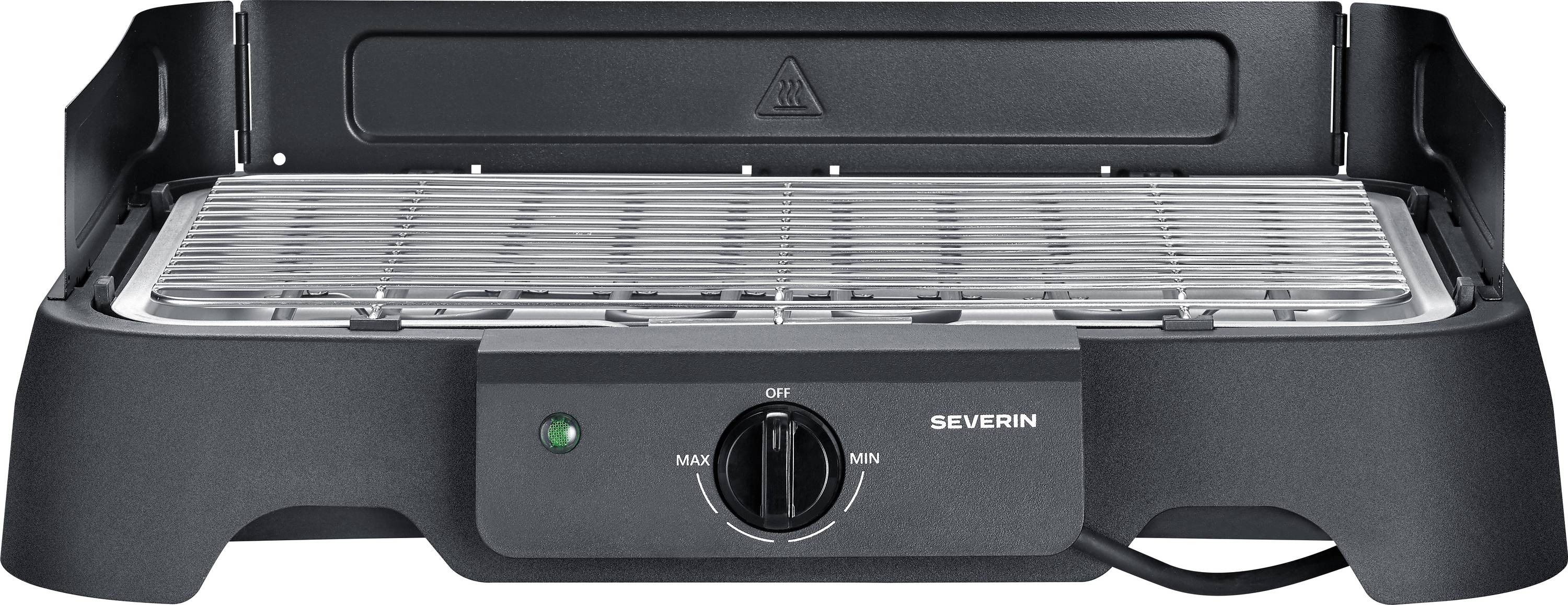 Gril de table électrique Black Severin avec grille de cuisson en métal, bouton de commande central et cordon d'alimentation visible.