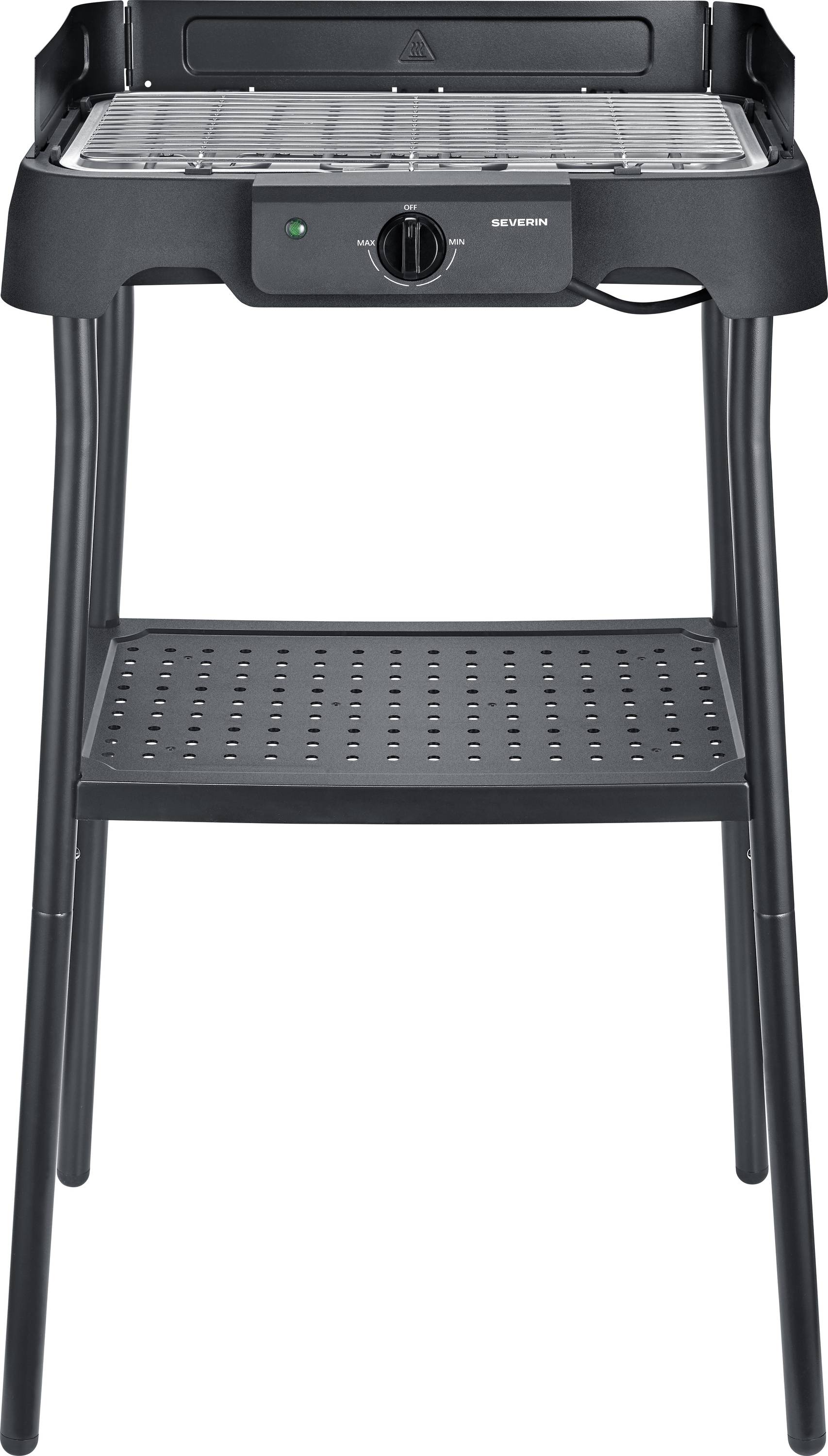 Grill de table électrique noir avec couvercle, bouton de température et quatre pieds longs sur une étagère inférieure perforée, présenté sur un fond blanc