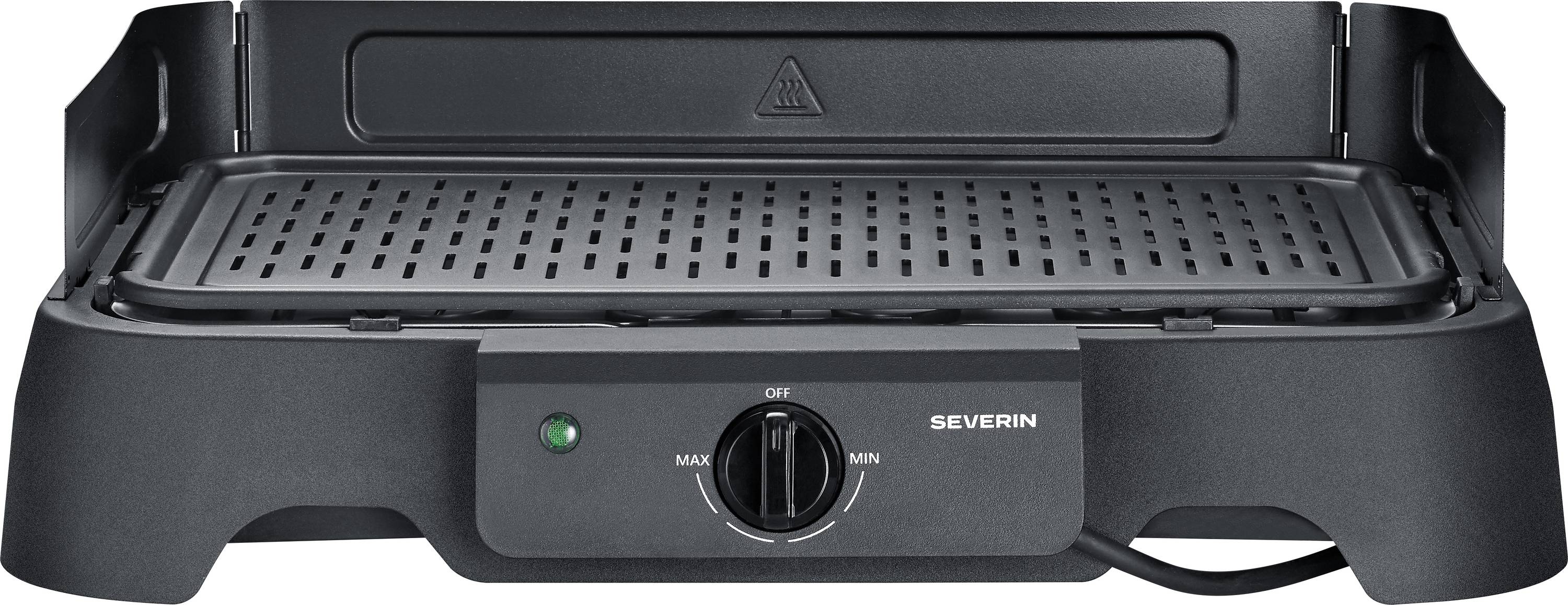 Grill de table électrique noir avec surface de cuisson perforée, cadran de température, voyant d'alimentation et logo SEVERIN.