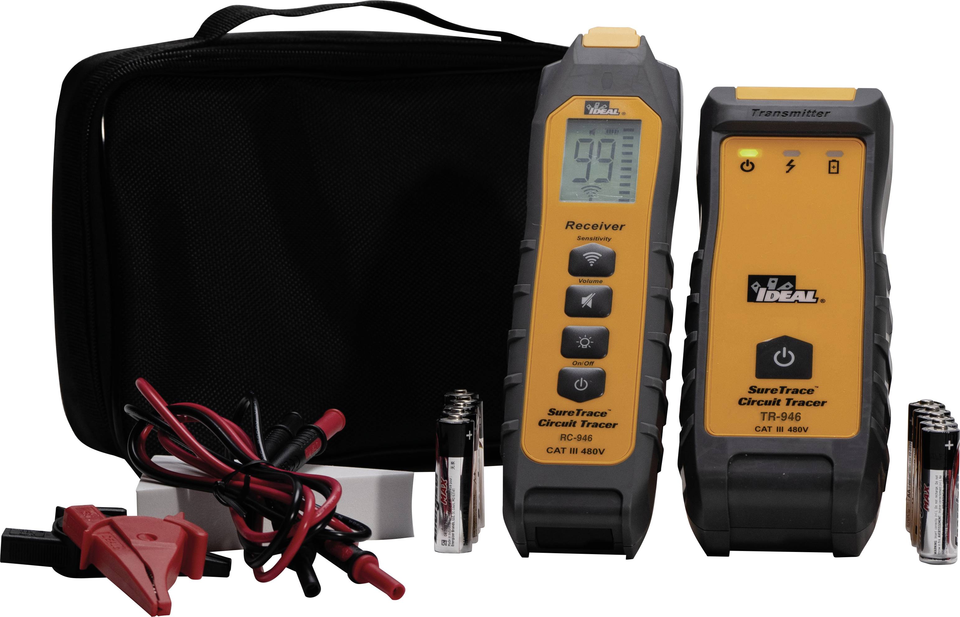 Kit de traçage de signal avec étui de transport noir, unités émetteur et récepteur, câbles de test et piles présentés sur fond blanc.