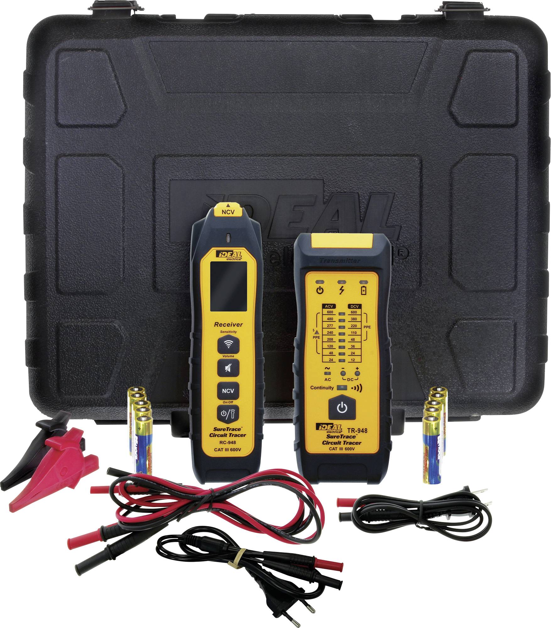 Deux outils de test électriques jaunes et noirs avec des sondes, des câbles et des connecteurs dans une mallette de transport rigide, présentés comme un kit de test.