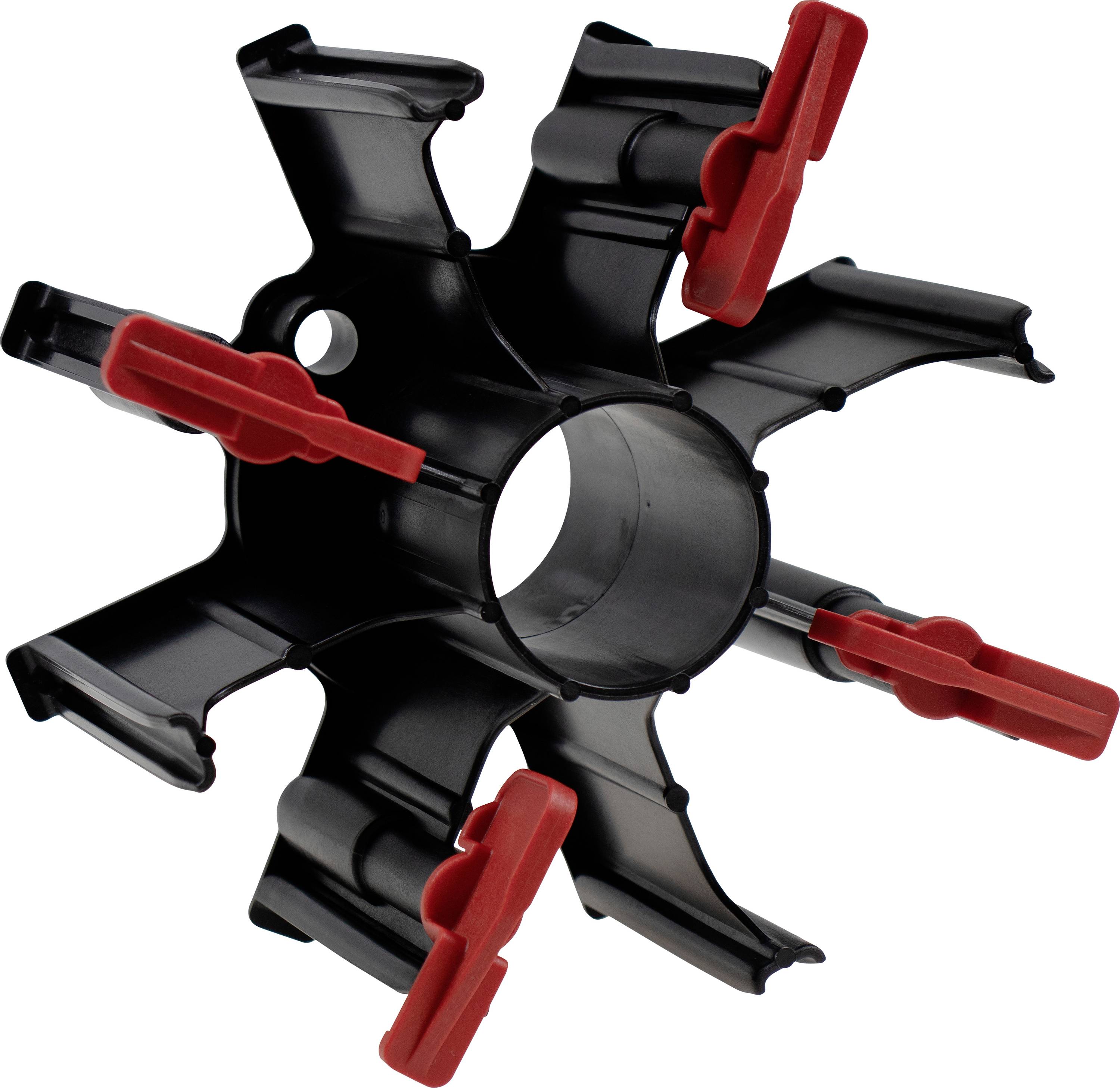 Collier de tuyau en plastique noir ou entretoise avec quatre leviers d'ajustement rouges sur un fond blanc.