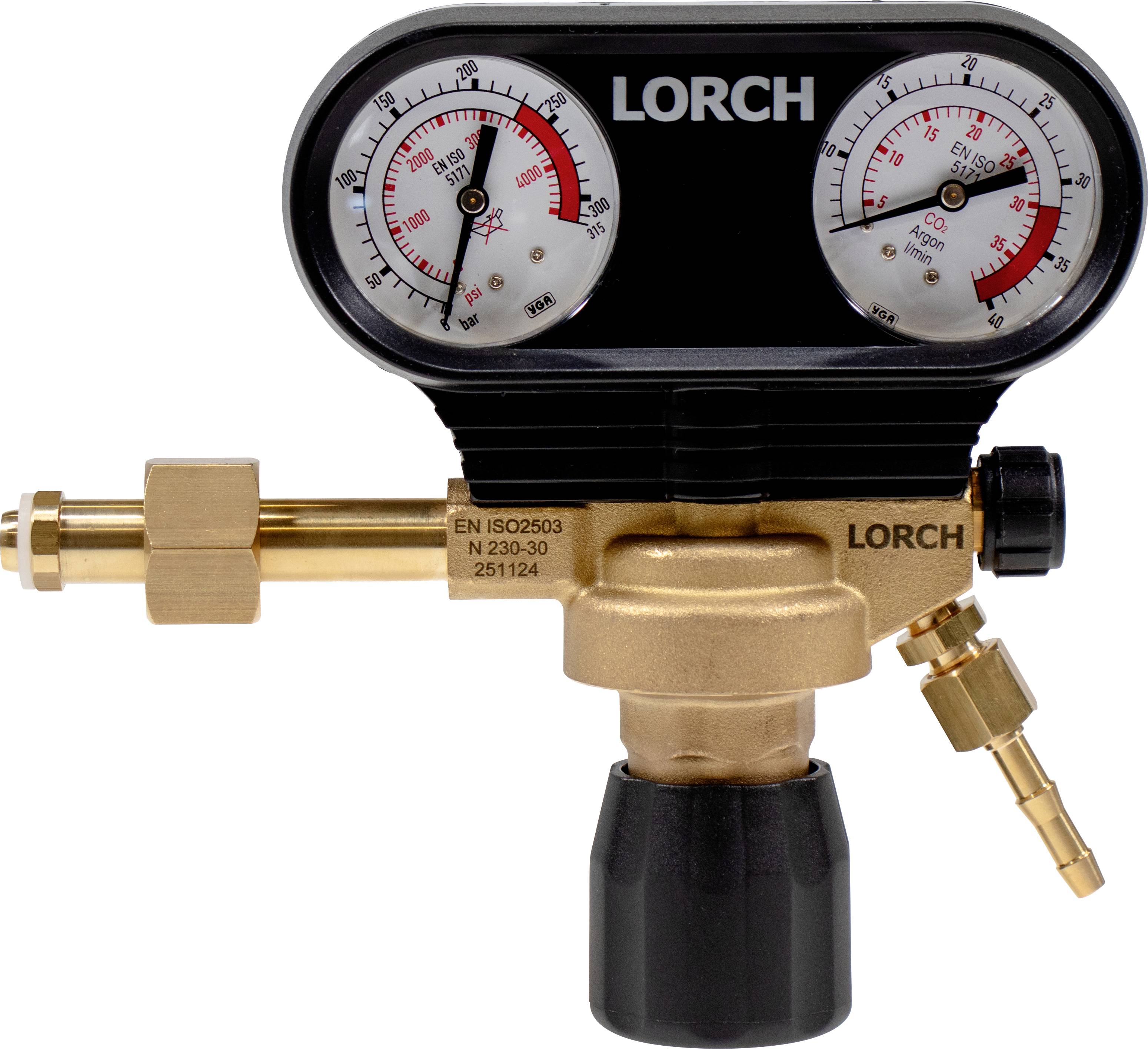 Régulateur de pression de gaz LORCH avec deux manomètres, raccords en laiton et bouton de réglage sur un fond blanc.