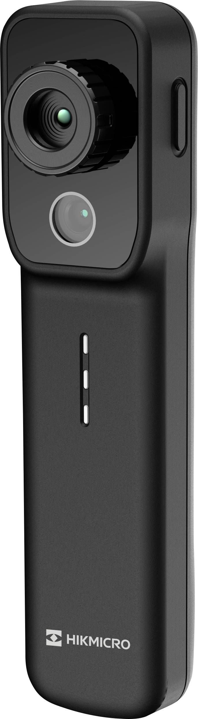 Caméra thermique portative Hikmicro noire avec objectif, bouton circulaire, voyants indicateurs verticaux et logo sur le devant.
