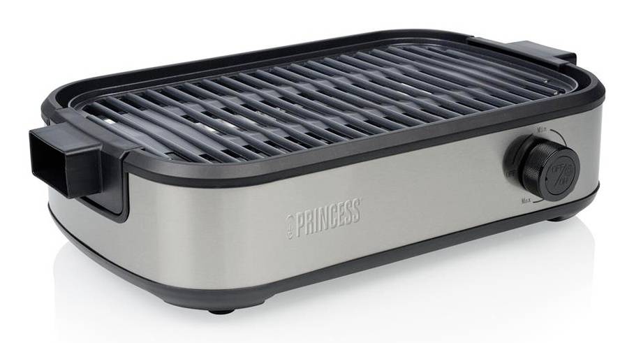 Gril de table électrique avec surface de cuisson striée et cadran de température réglable sur un corps en acier inoxydable, marque Princess.