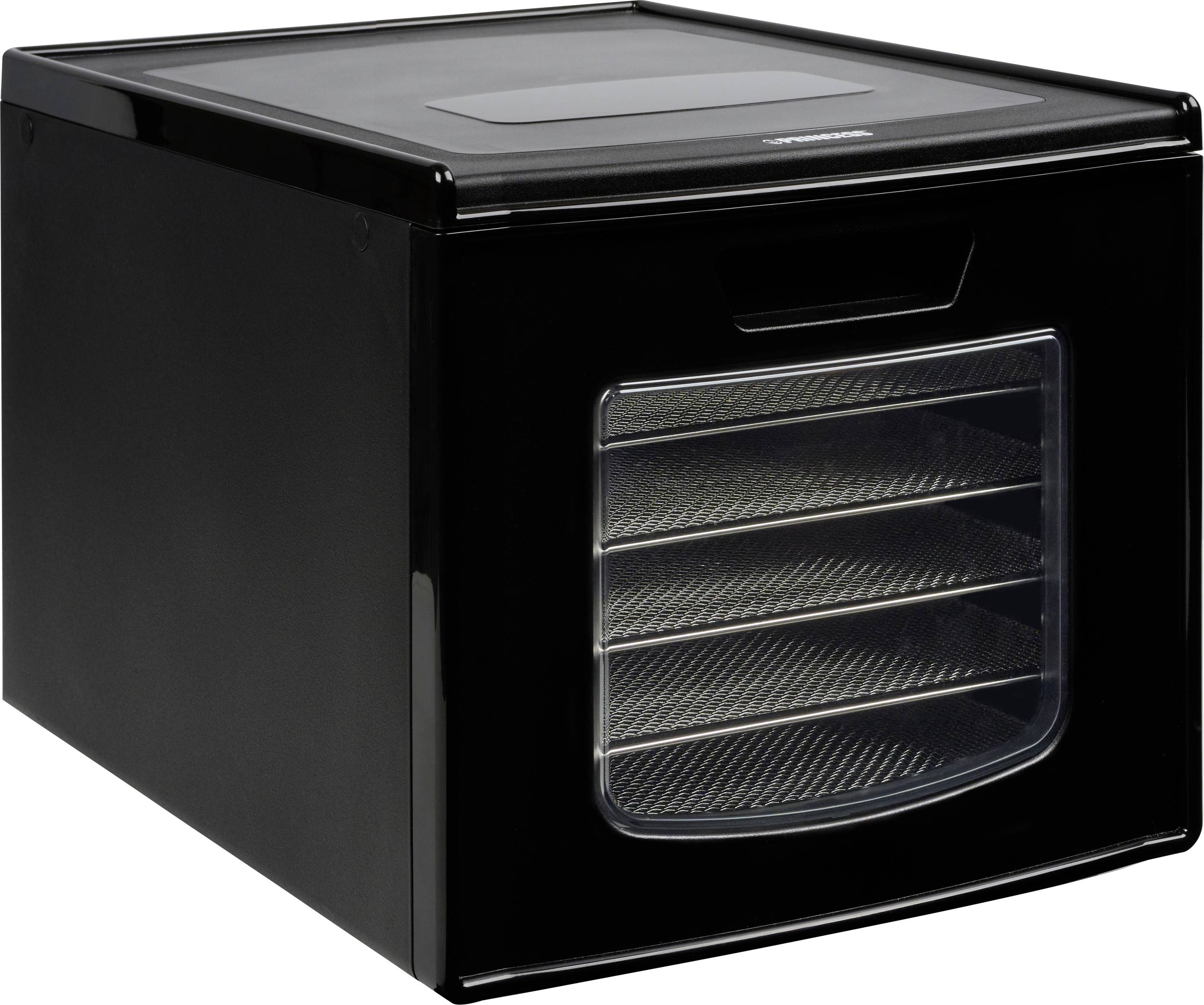 Déshydrateur alimentaire de comptoir noir avec tiroirs frontal à dégagement et une porte transparente