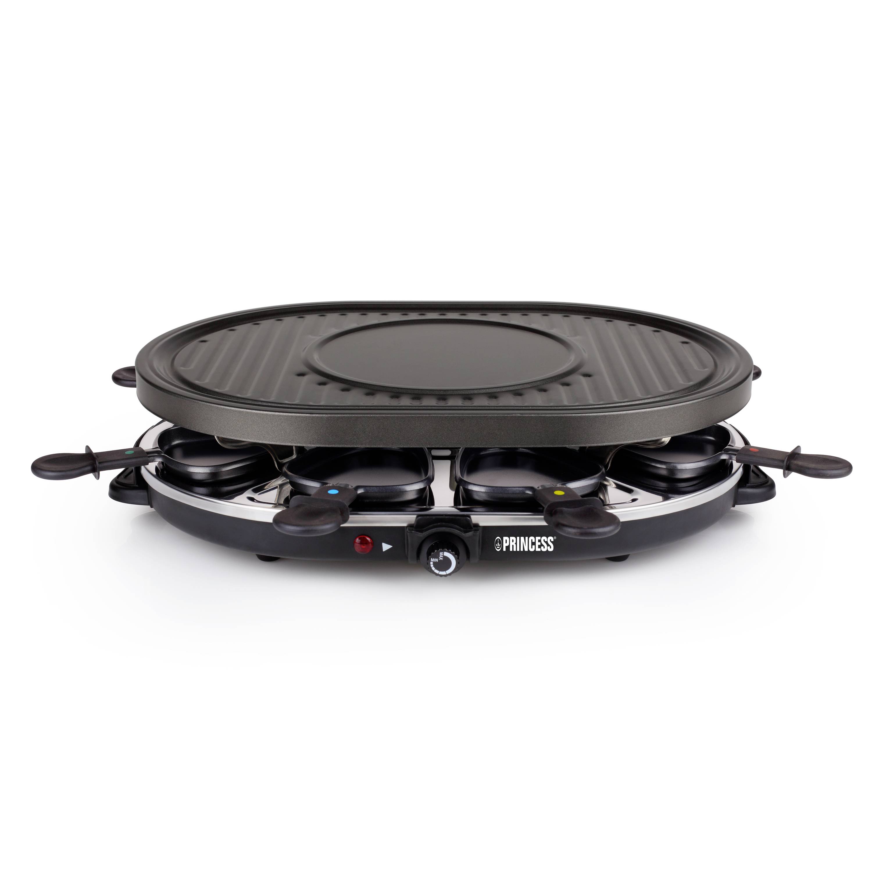 Grill à raclette de table électrique avec huit petits bacs et une plaque chauffante centrale sur un fond blanc.