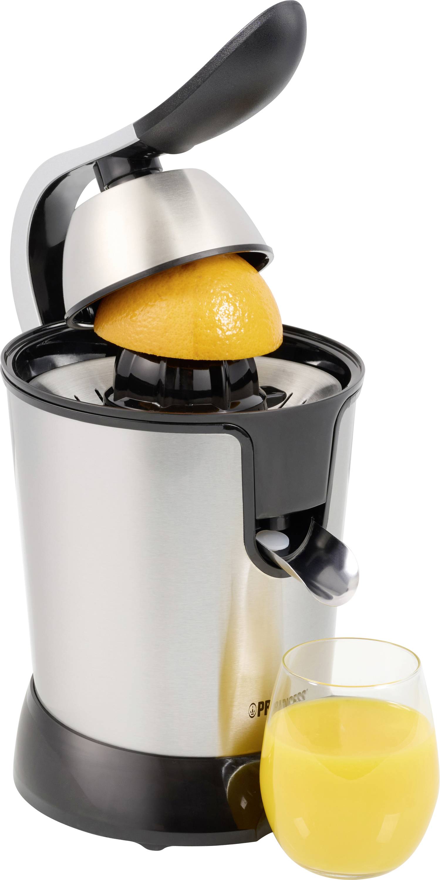 Presse-agrumes électrique avec une moitié d'orange sur le cône et un verre rempli de jus d'orange frais à côté.