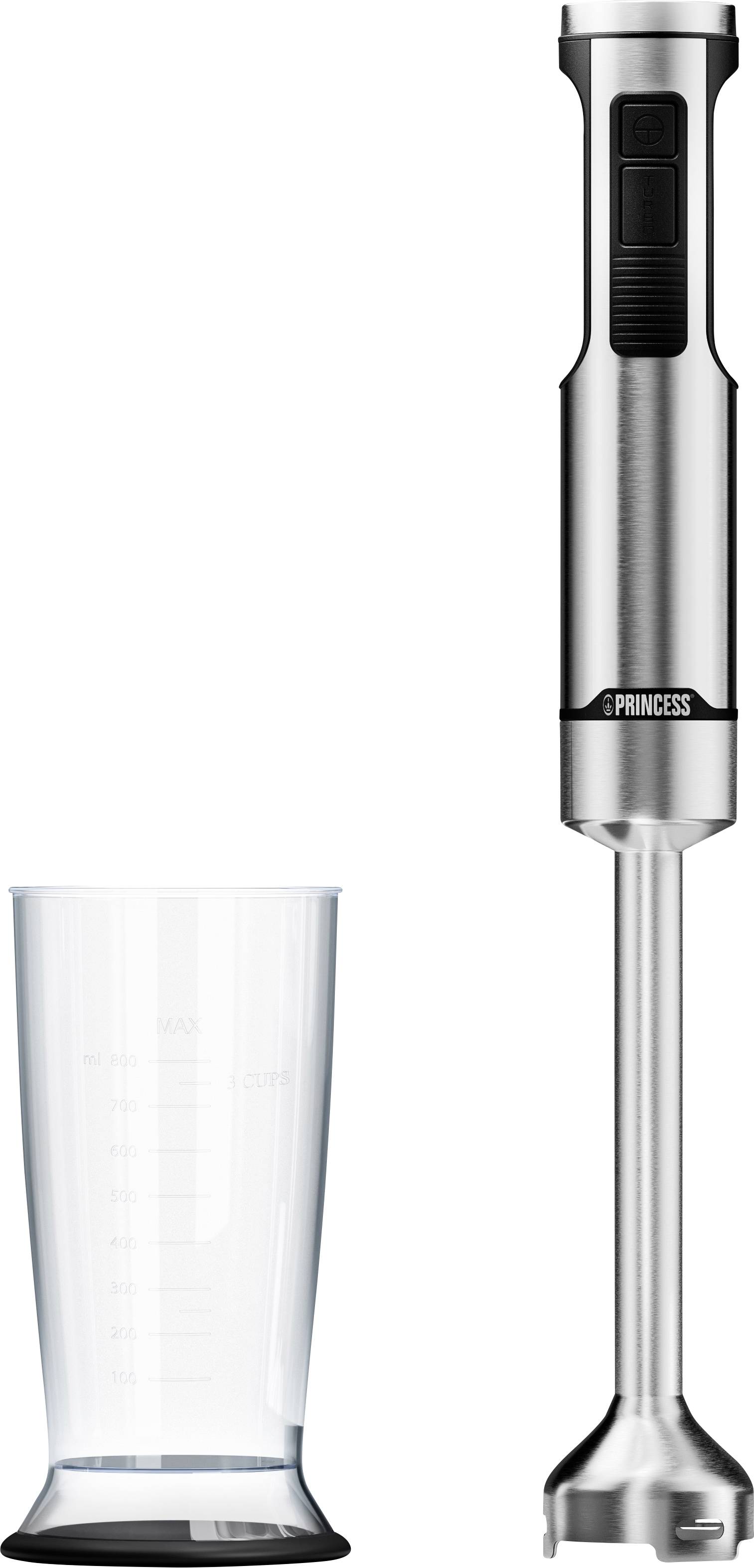 Mixeur plongeant avec verre doseur transparent, présenté séparément sur fond blanc.