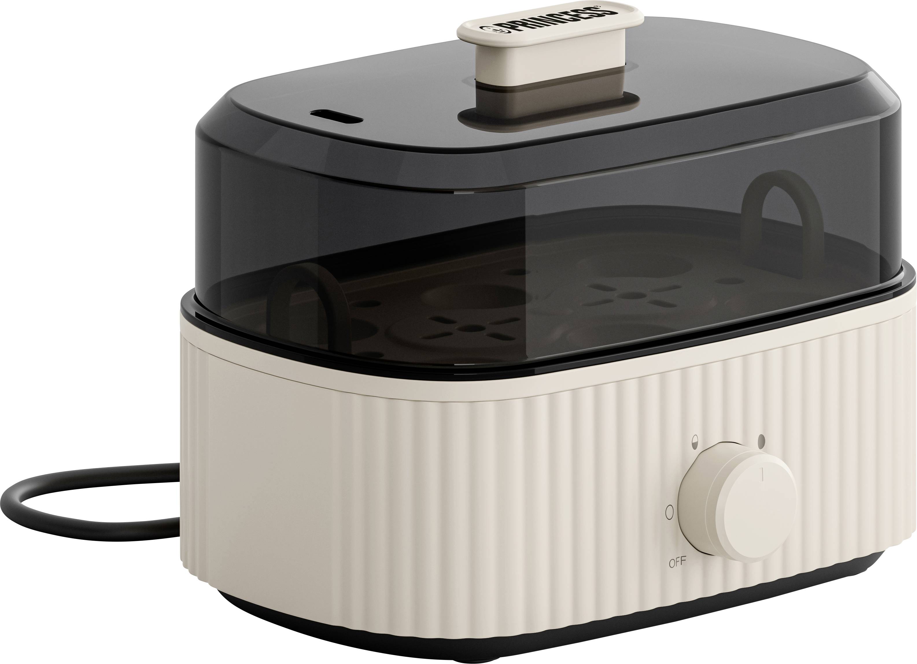 Friteuse à air chaud compacte pour plan de travail avec base crème nervurée, couvercle noir transparent, poignée supérieure et bouton de commande avant avec cordon d'alimentation.