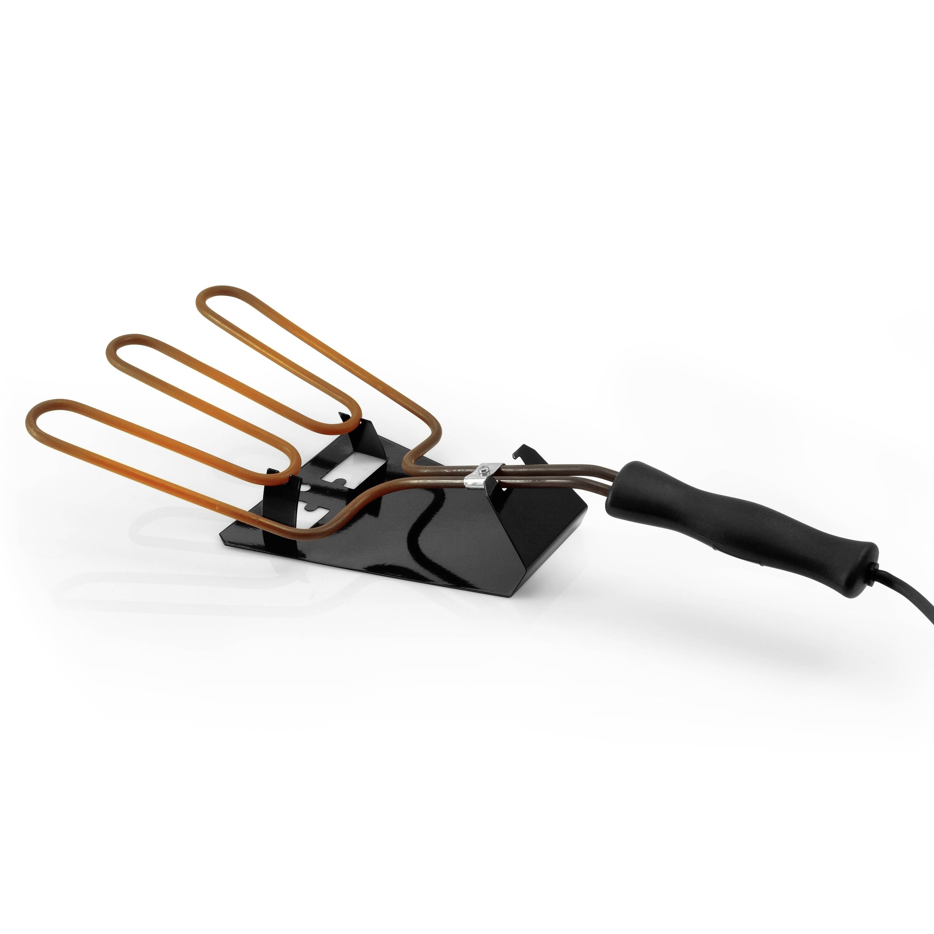 Gril de main électrique avec trois boucles de chauffage orange et une poignée noire sur fond blanc.