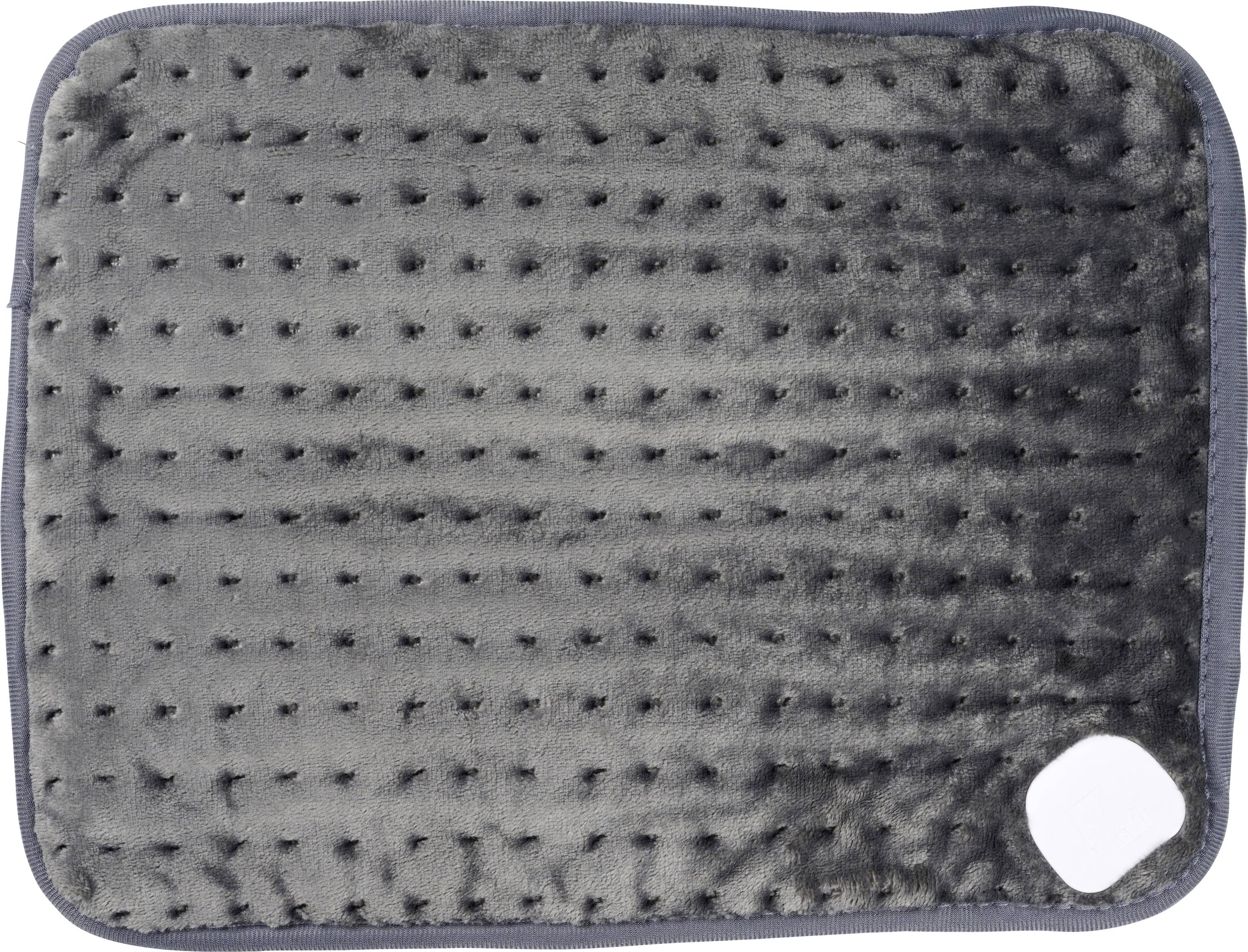 Tapis rectangulaire gris texturé aux coins arrondis avec un petit patch blanc au coin, présenté sur un fond blanc.