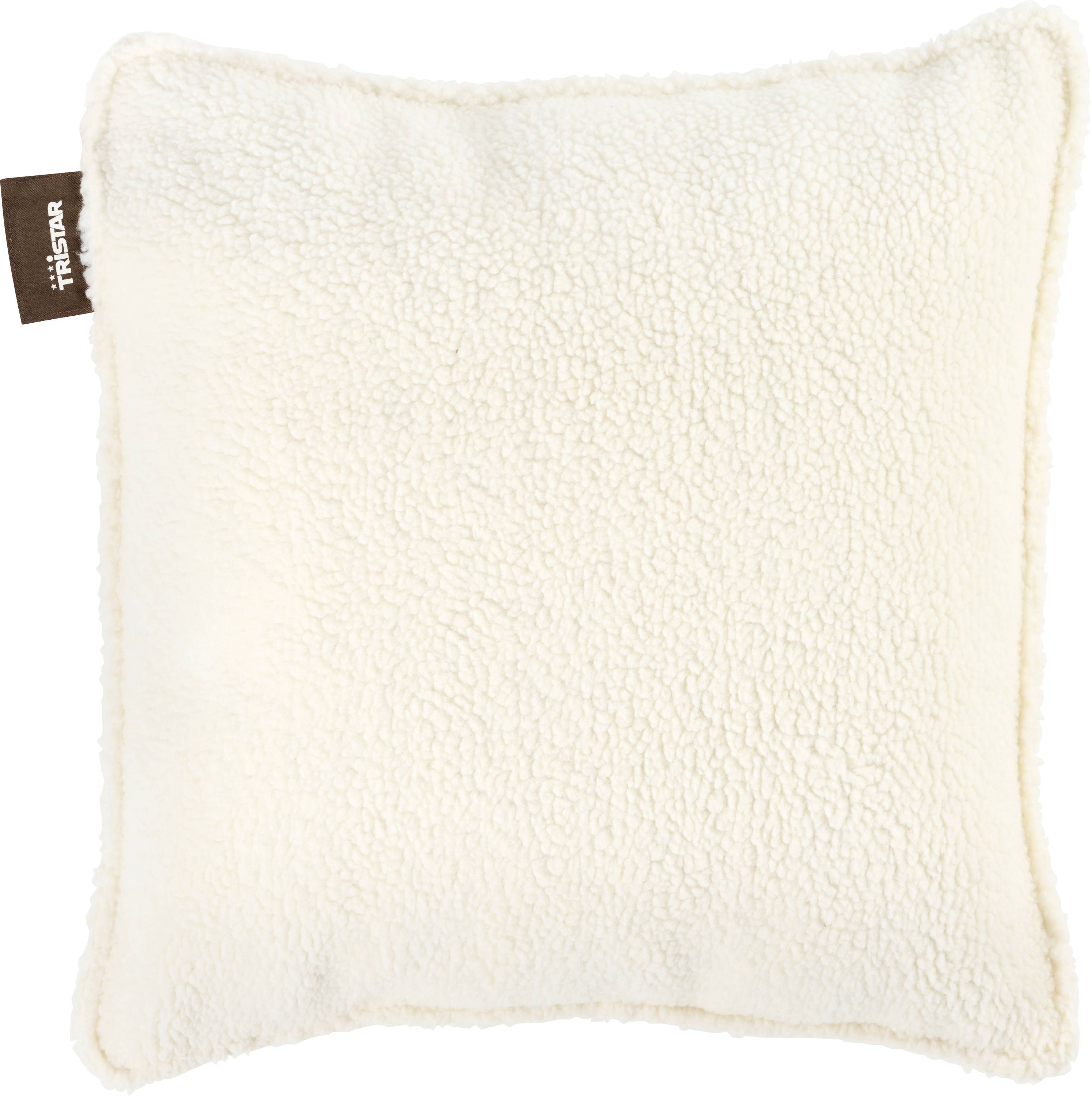 Coussin carré en polaire crème avec une petite étiquette marron « TRISTAR » sur le bord gauche, présenté sur fond blanc.