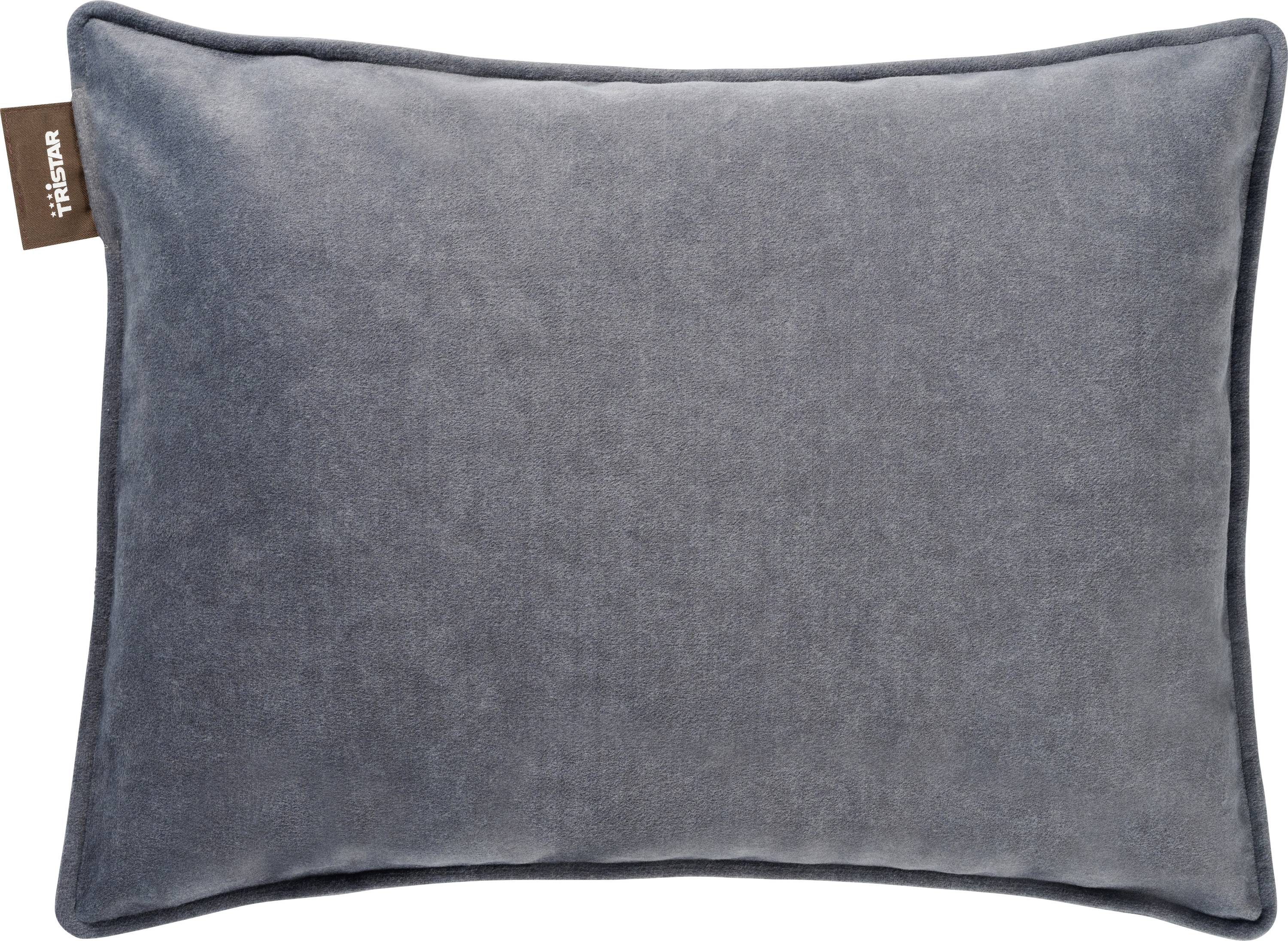 Coussin de lancer rectangulaire gris avec une bordure foncée et une petite étiquette de marque en tissu sur le bord gauche, présenté sur un fond blanc.