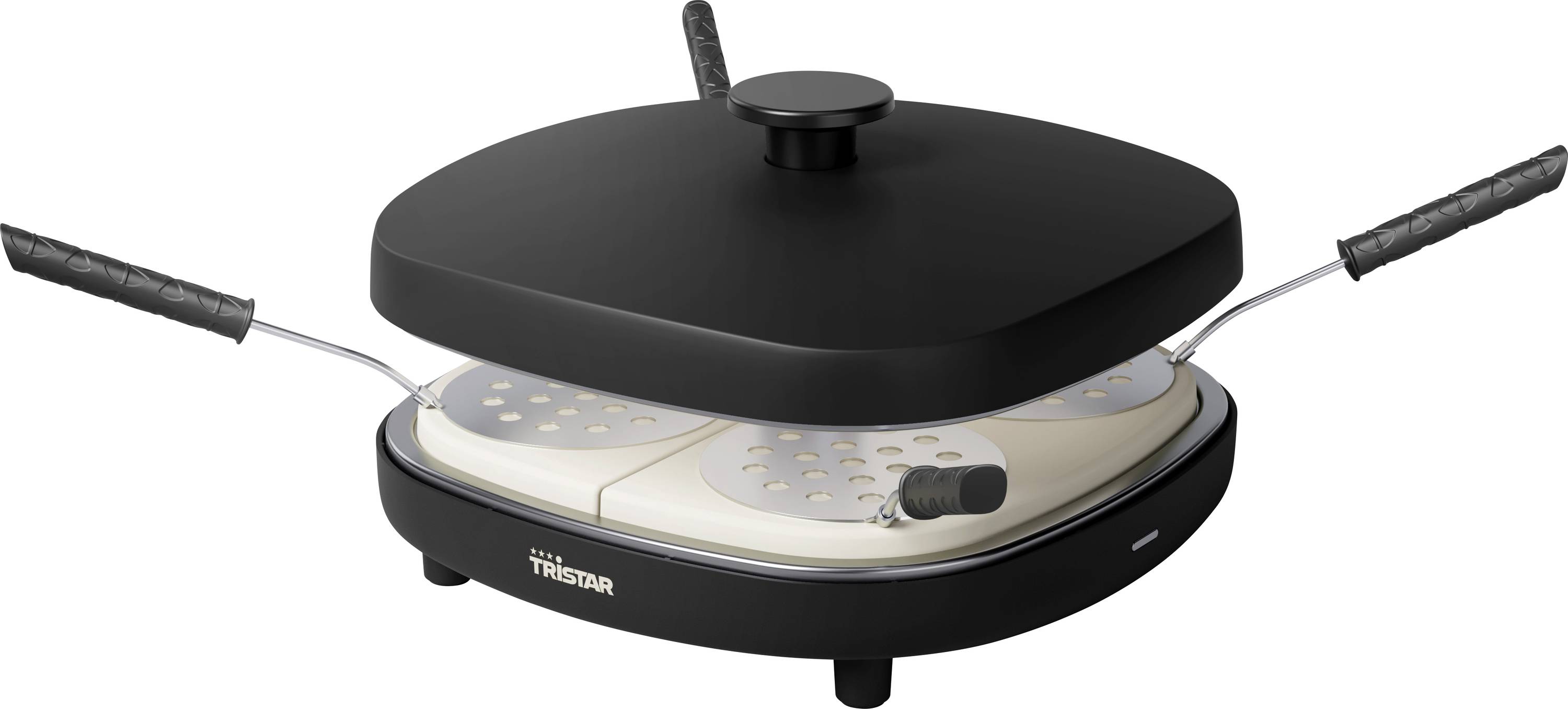 Gril à raclette électrique avec couvercle noir et deux poignées, affichant la plaque de grill et le bouton de contrôle de température sur un fond blanc.