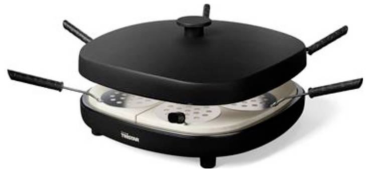 Grill à raclette électrique avec un couvercle noir et huit poignées de cuisson autour d'une base ronde.