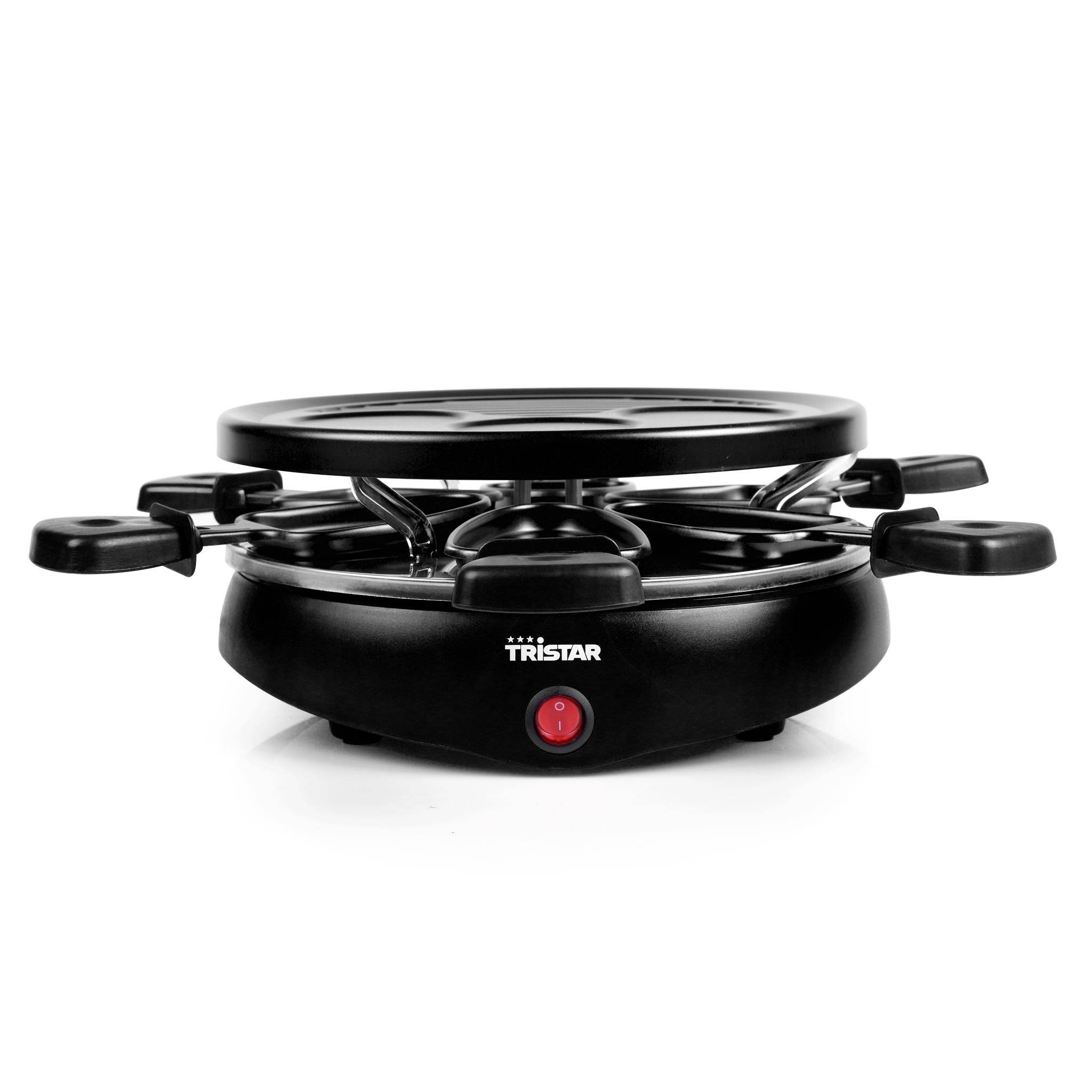 Grill de table électrique noir avec poignées et un interrupteur d'alimentation rouge, marque Tristar, sur un fond blanc.