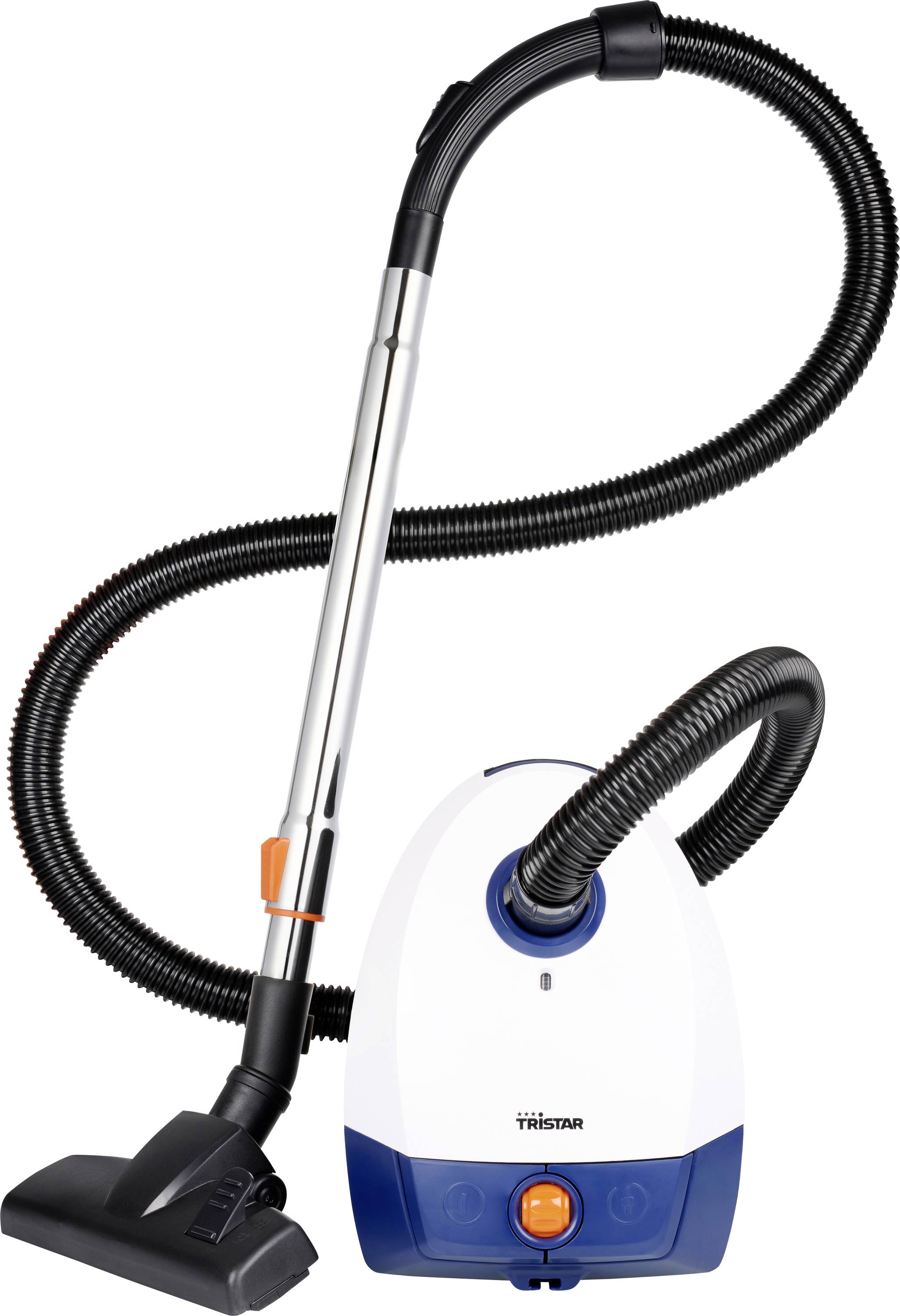 Aspirateur à réservoir avec tuyau, baguette métallique, brosse de sol et corps blanc-bleu sur fond blanc.