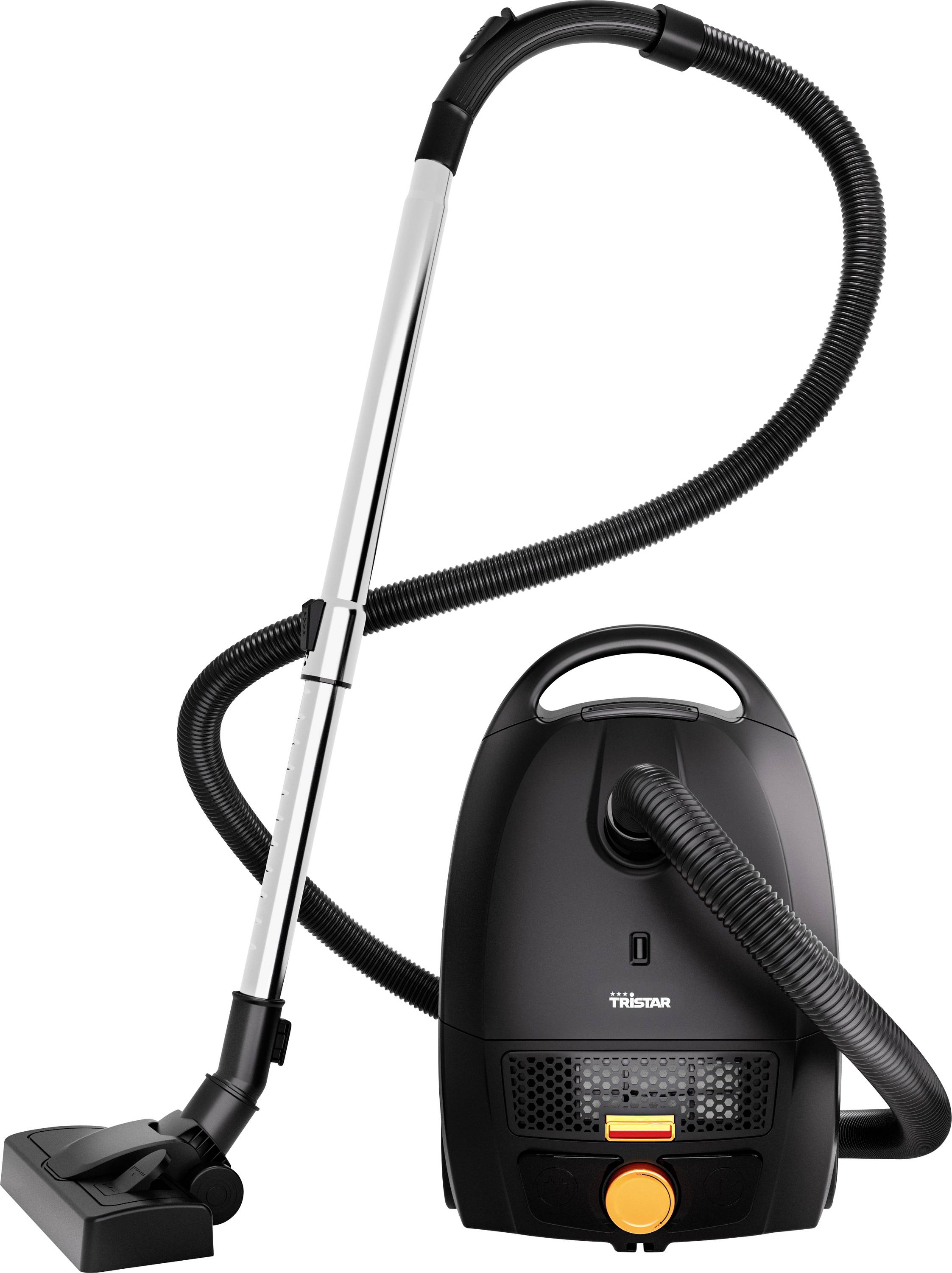Aspirateur à réservoir avec tuyau, tube et brosse de sol présentés sur un fond blanc.