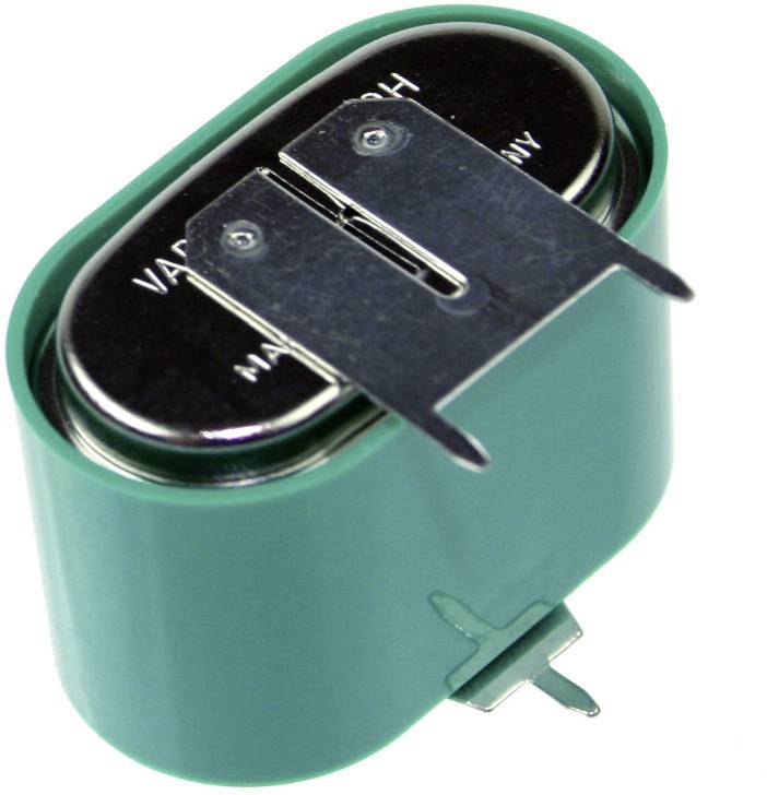 Batterie cylindrique verte avec bornes métalliques et un connecteur en haut, présentée isolée sur un fond blanc.