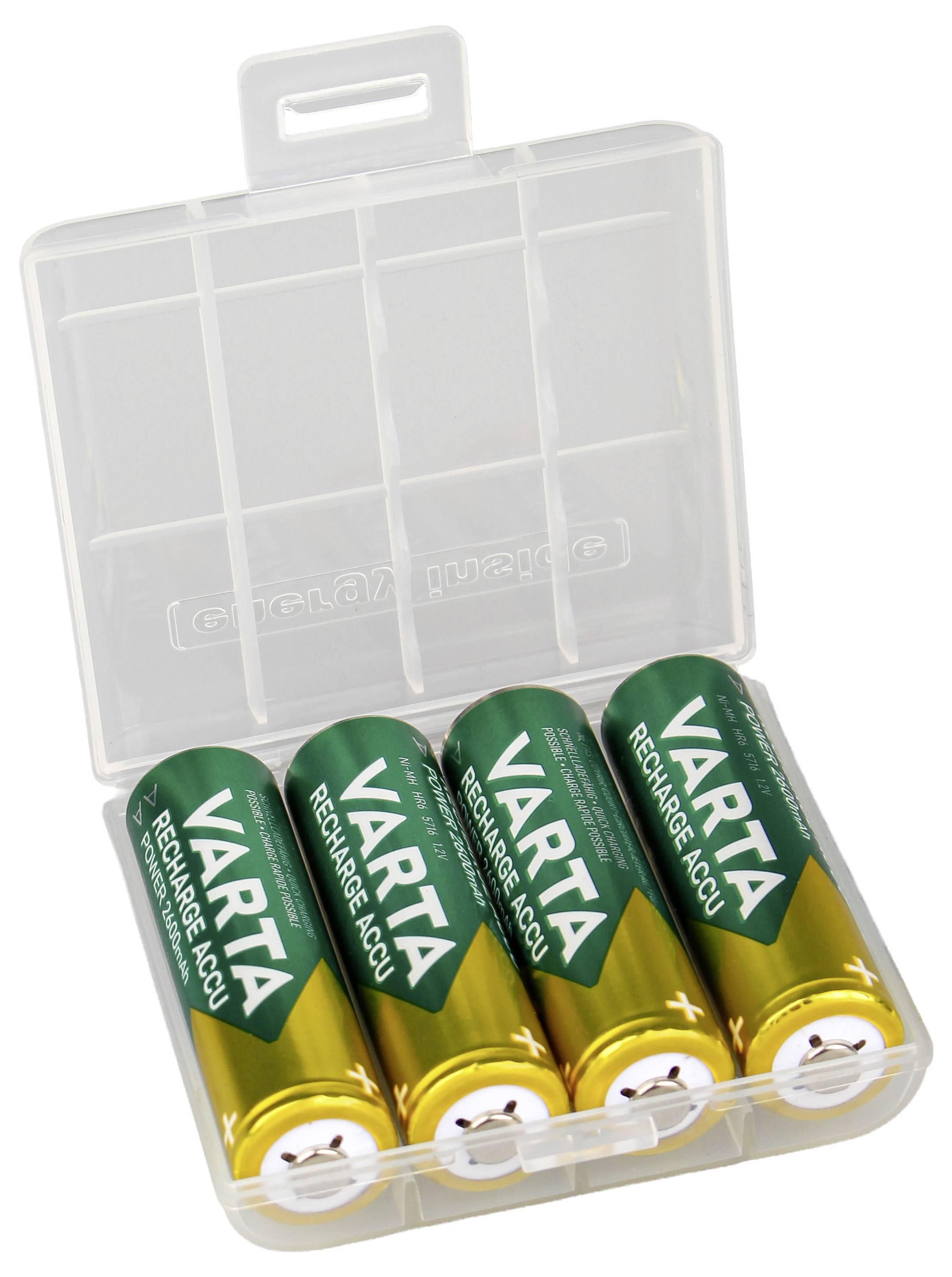 Boîtier organisateur de piles en plastique contenant quatre piles AA VARTA rechargeables vertes avec les extrémités positive et négative visibles.
