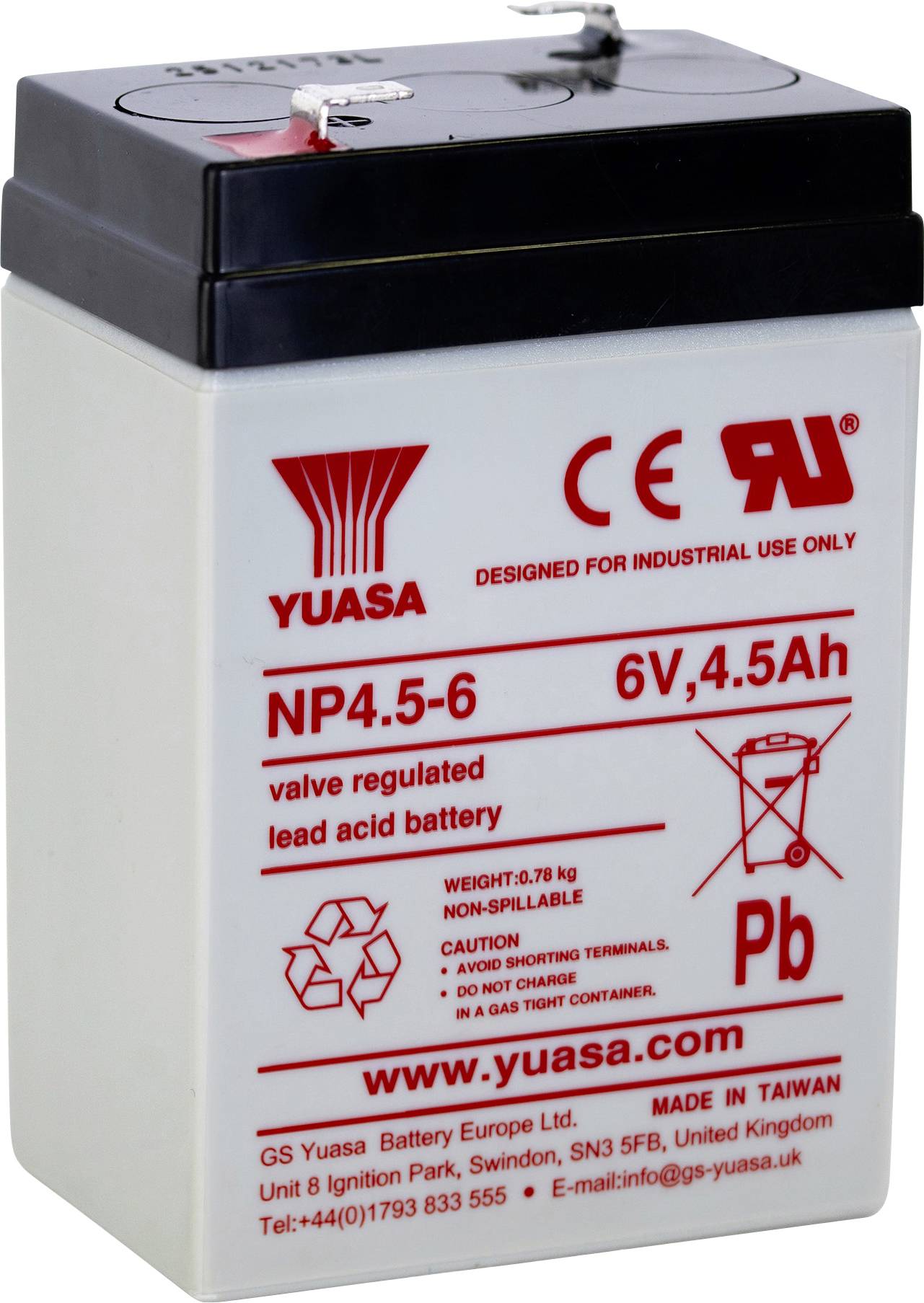 Batterie au plomb scellée Yuasa 6V 4,5Ah, blanche avec étiquette rouge et dessus noir, affichée verticalement sur un fond uni.