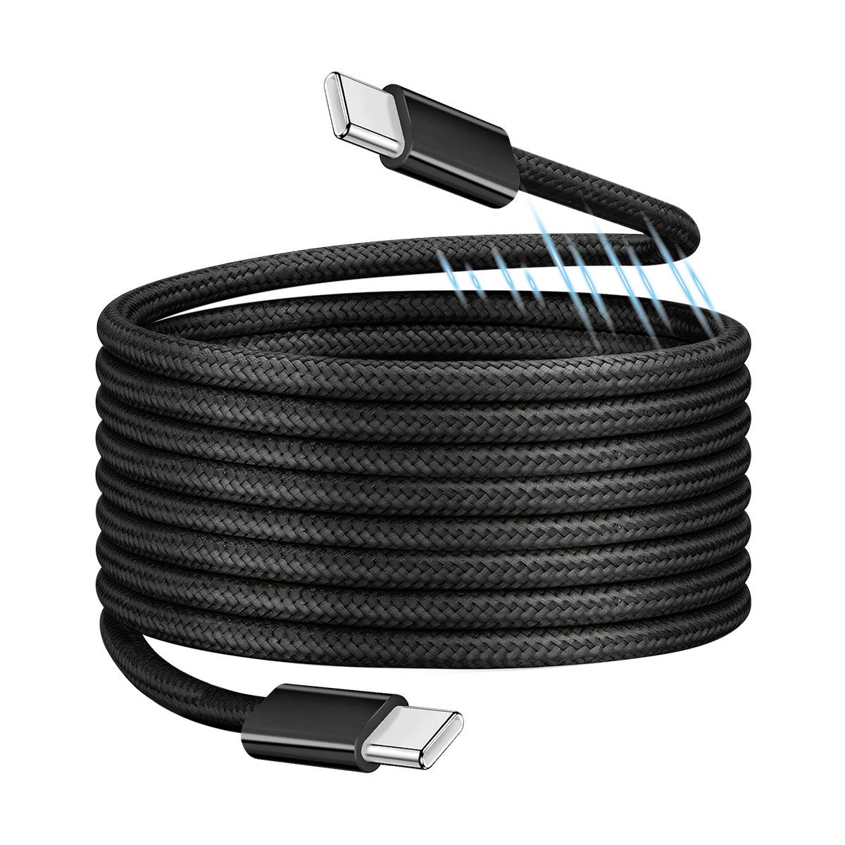 Câble de recharge USB-C tressé noir enroulé soigneusement, avec des lignes bleues illuminées suggérant une charge rapide.