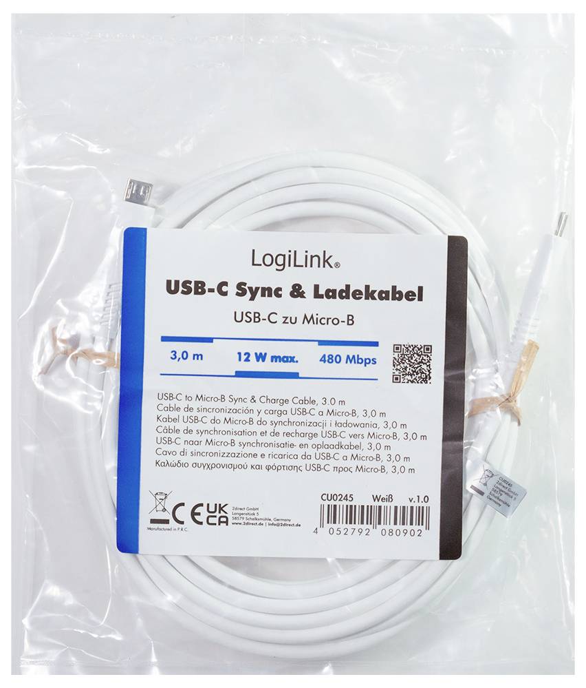 Câble USB-C de synchronisation et de charge LogiLink emballé, USB-C vers Micro-B, 3,0 m, 12 W max, 480 Mbps.
