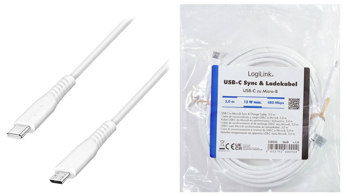 Câble de charge et transfert de données USB-C vers Micro-USB présenté enroulé dans son emballage, avec des vues rapprochées des deux connecteurs.