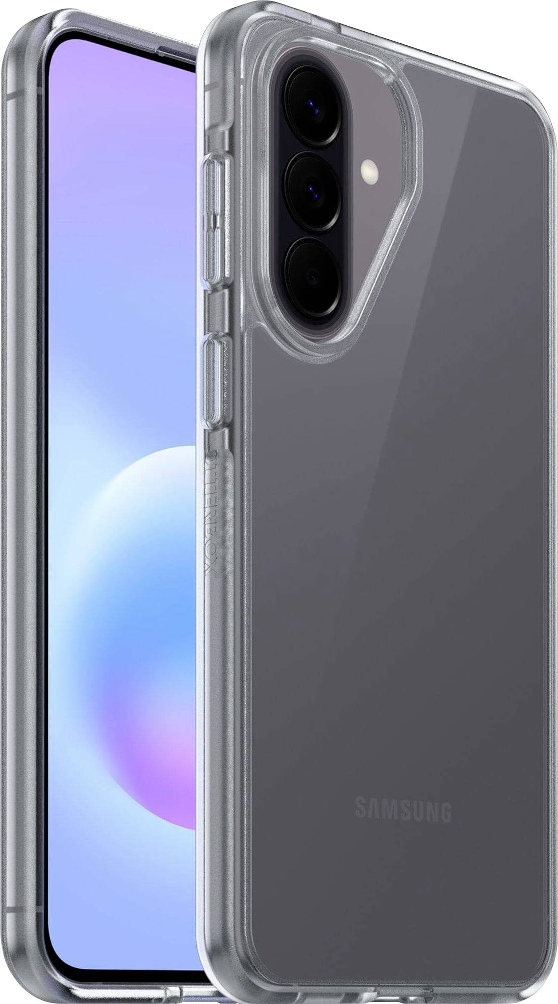 Deux étuis téléphoniques transparents présentés sur des smartphones Samsung, l'un à l'avant et l'autre à l'arrière, mettant en évidence un design de protection transparent avec découpe à triple caméra.