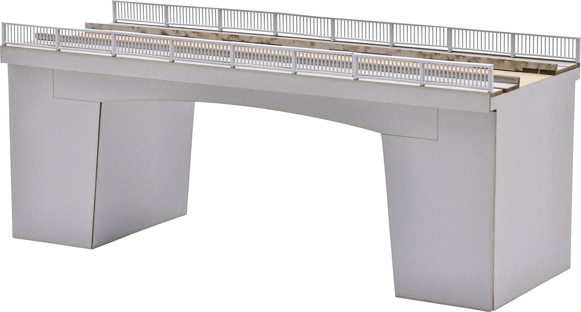 Rendu 3D d'un petit viaduc avec des piliers et des garde-corps gris, présenté isolé sur un fond blanc.