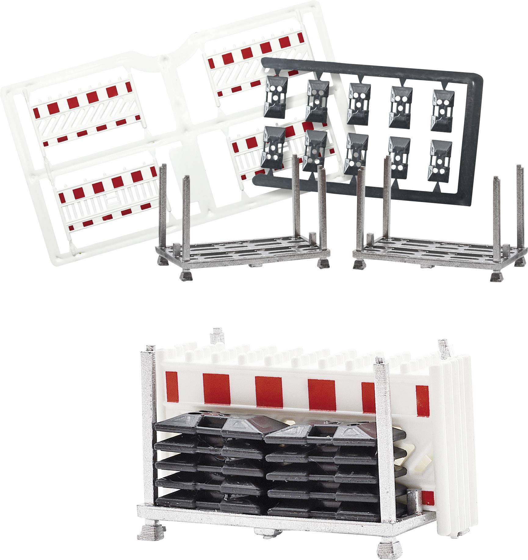 Étagères de rangement modulaires assorties et cadres avec panneaux à rayures rouge et blanc et plateaux à fentes noirs sur fond blanc.