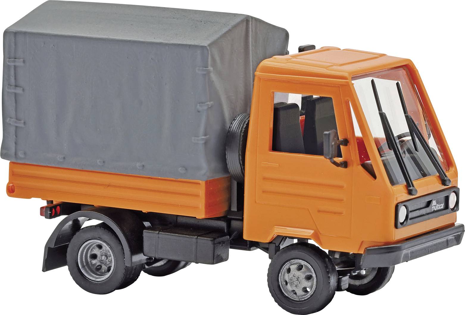 Camion jouet cargo orange et gris avec plateau arrière couvert, montré en vue latérale sur fond blanc.
