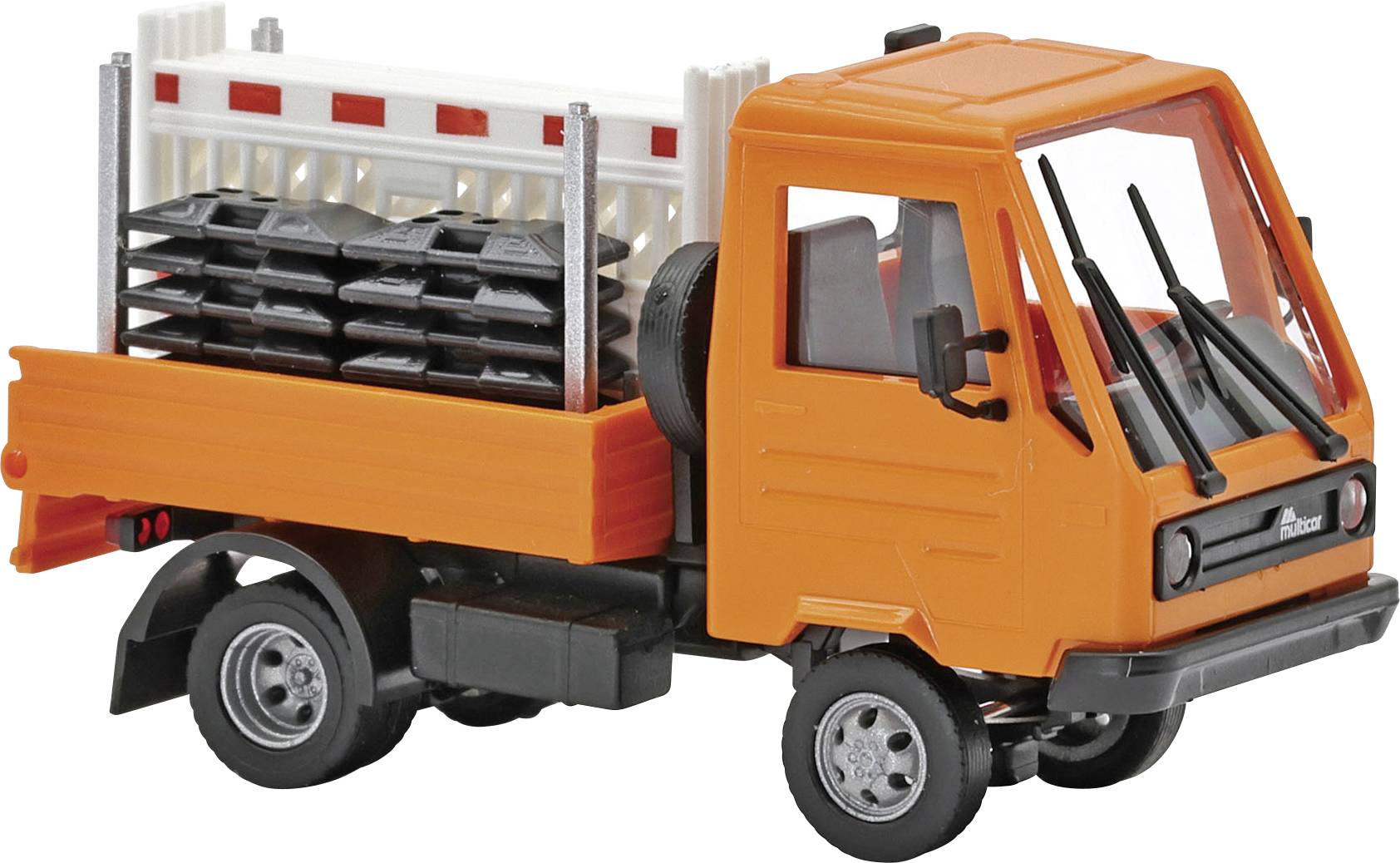 Camion benne jouet orange avec barres de chargement noires et porte-charge arrière gris, présenté sur un fond blanc.