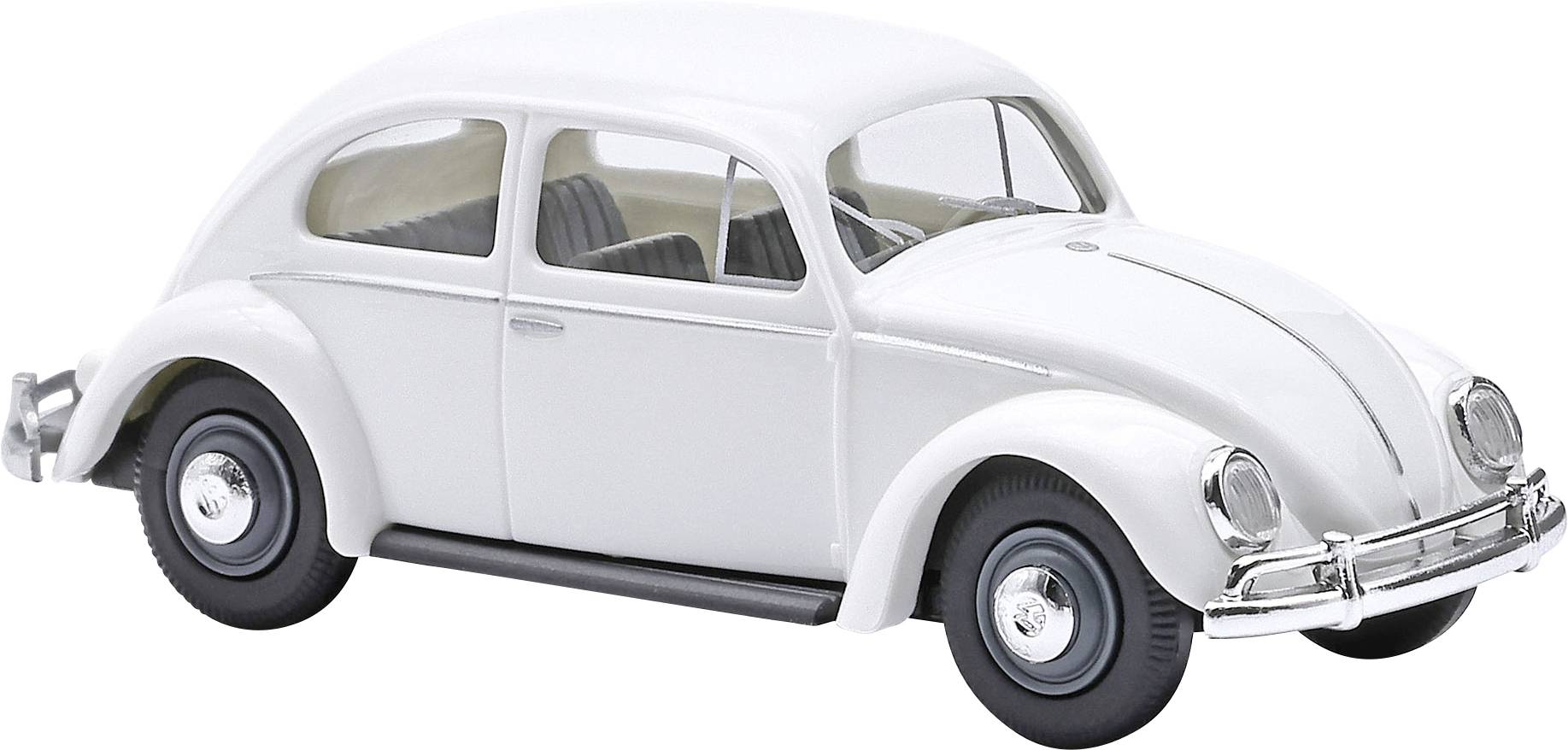 Voiture Volkswagen Coccinelle blanche de style vintage présentée en vue de profil sur un fond blanc uni.