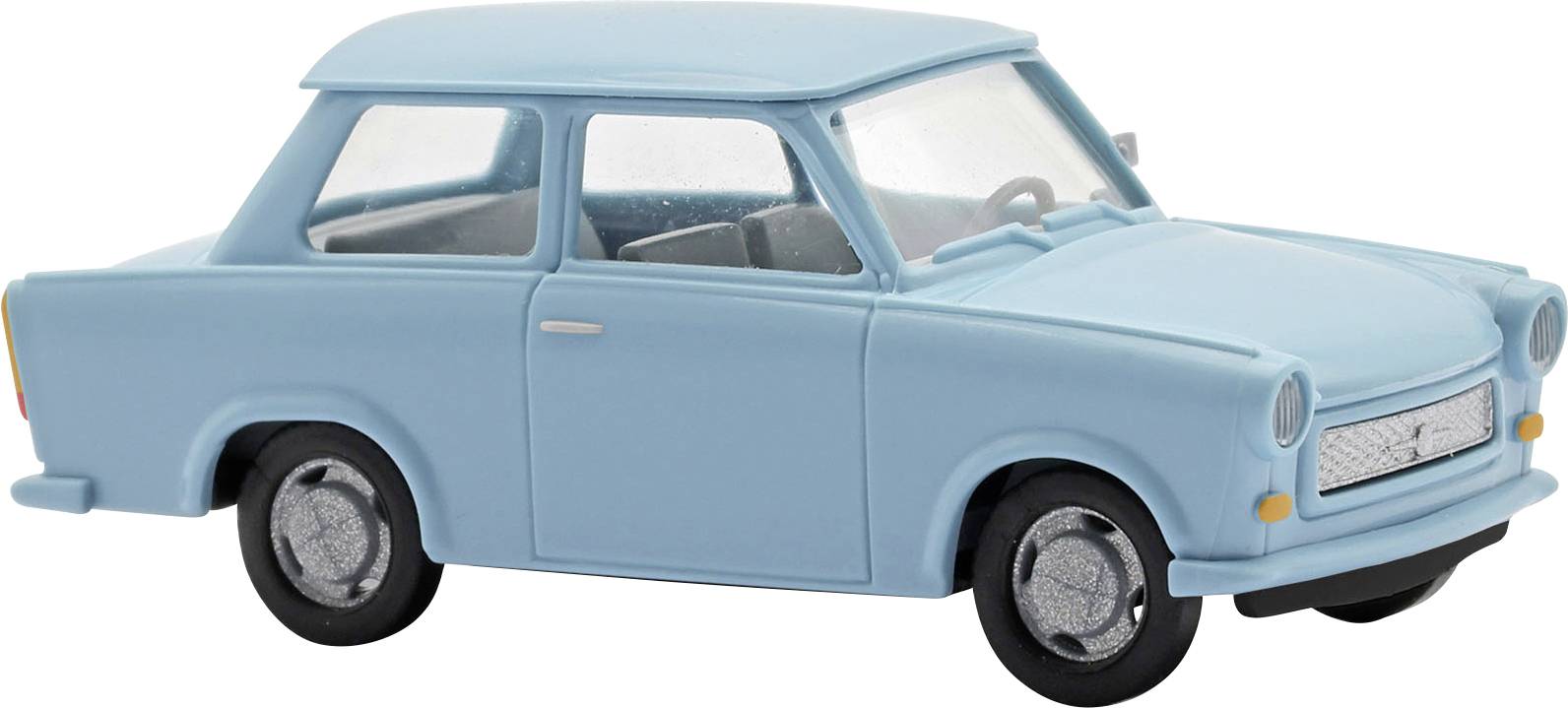 Voiture compacte vintage bleu clair présentée en vue latérale sur fond blanc.