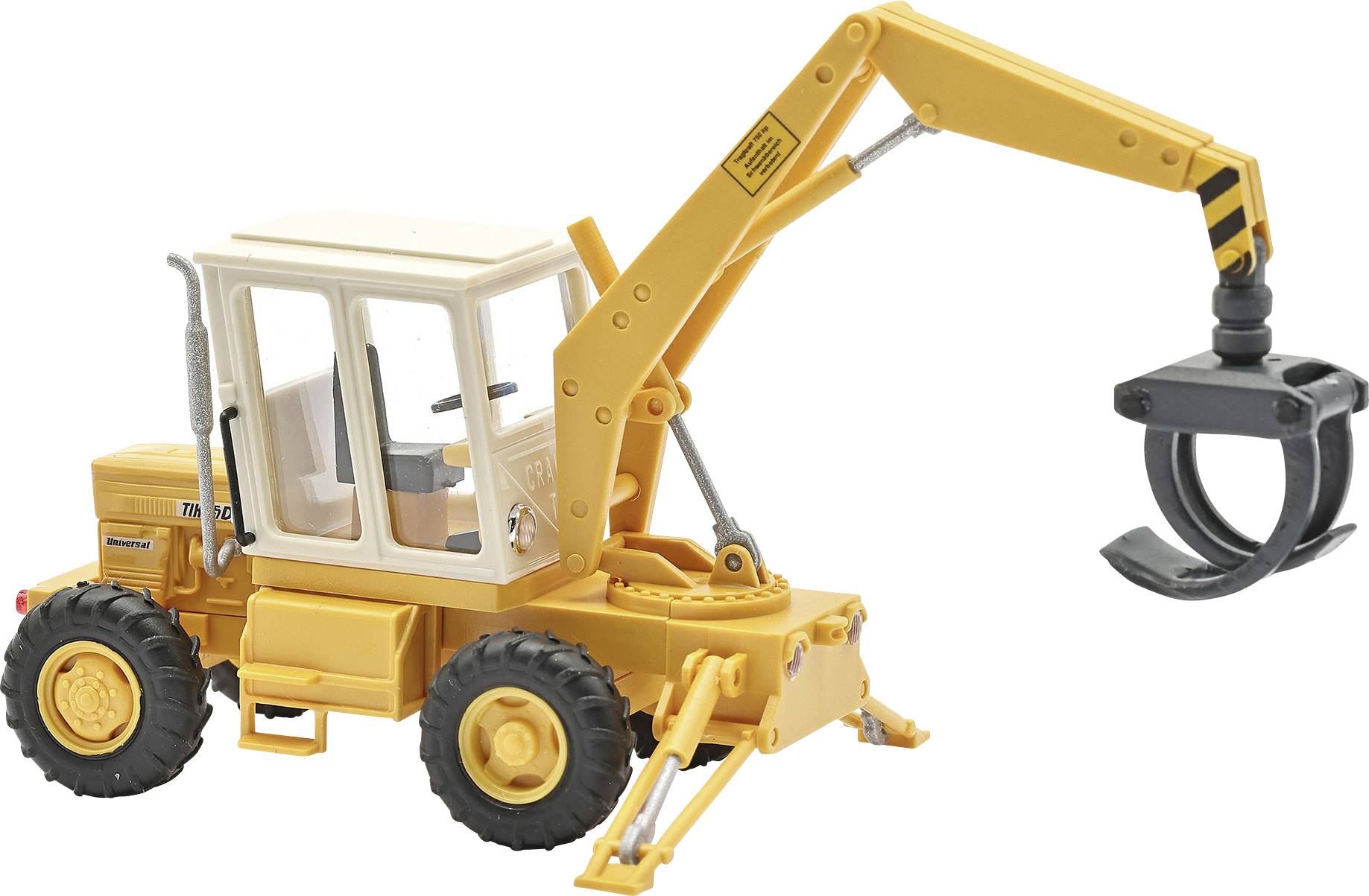 Pelle jouet jaune avec une cabine avant, un bras extensible et une pince de préhension noire sur un fond blanc.