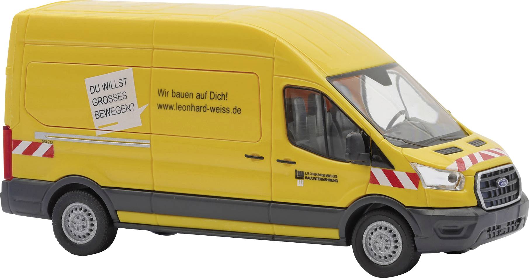 Fourgon de livraison jaune avec le texte « Du willst Grosses bewegen? » et « Wir bauen auf Dich! www.leonhard-weiss.de » sur le côté.