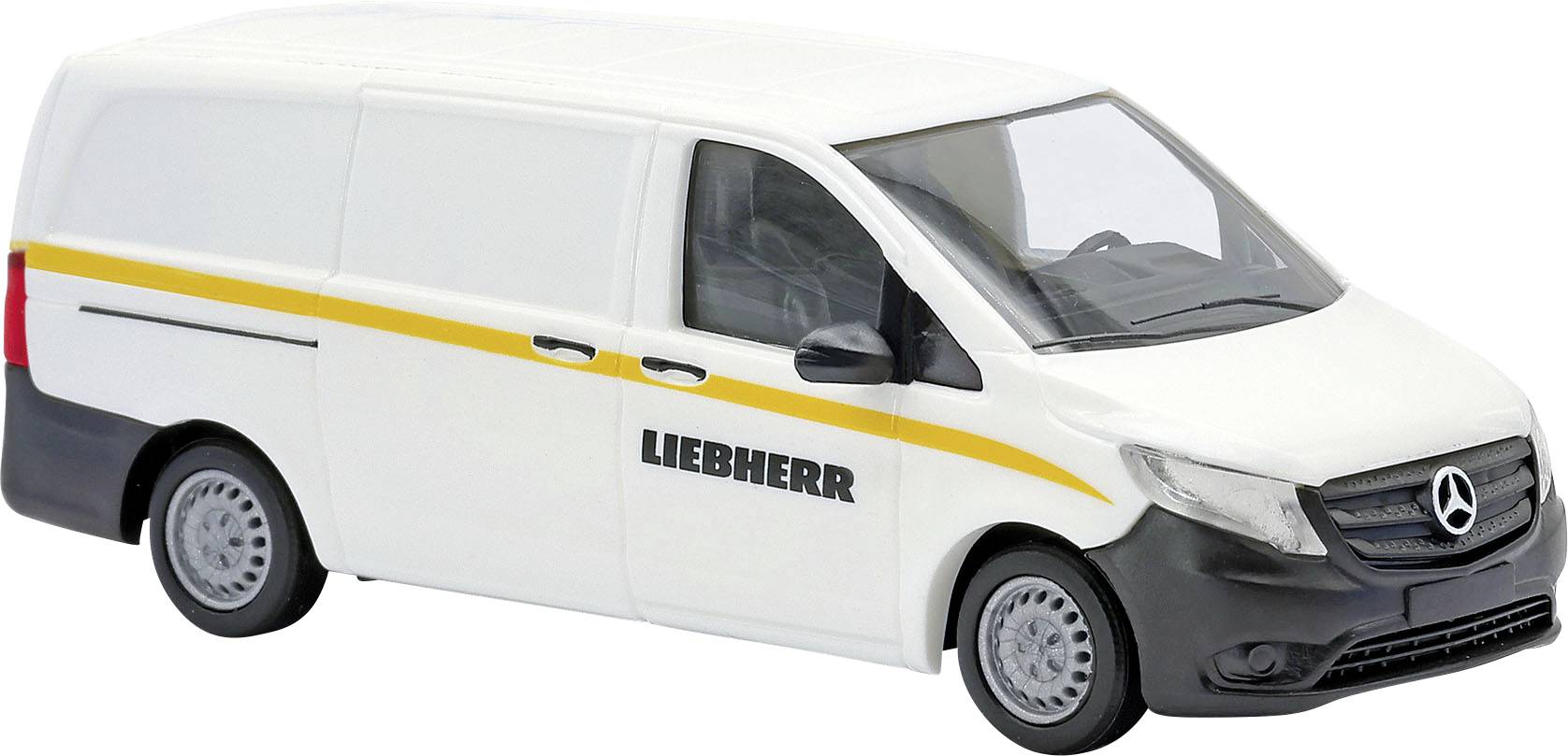 Fourgonnette Mercedes Liebherr blanche avec bande jaune, présentée en vue de profil sur un fond blanc.