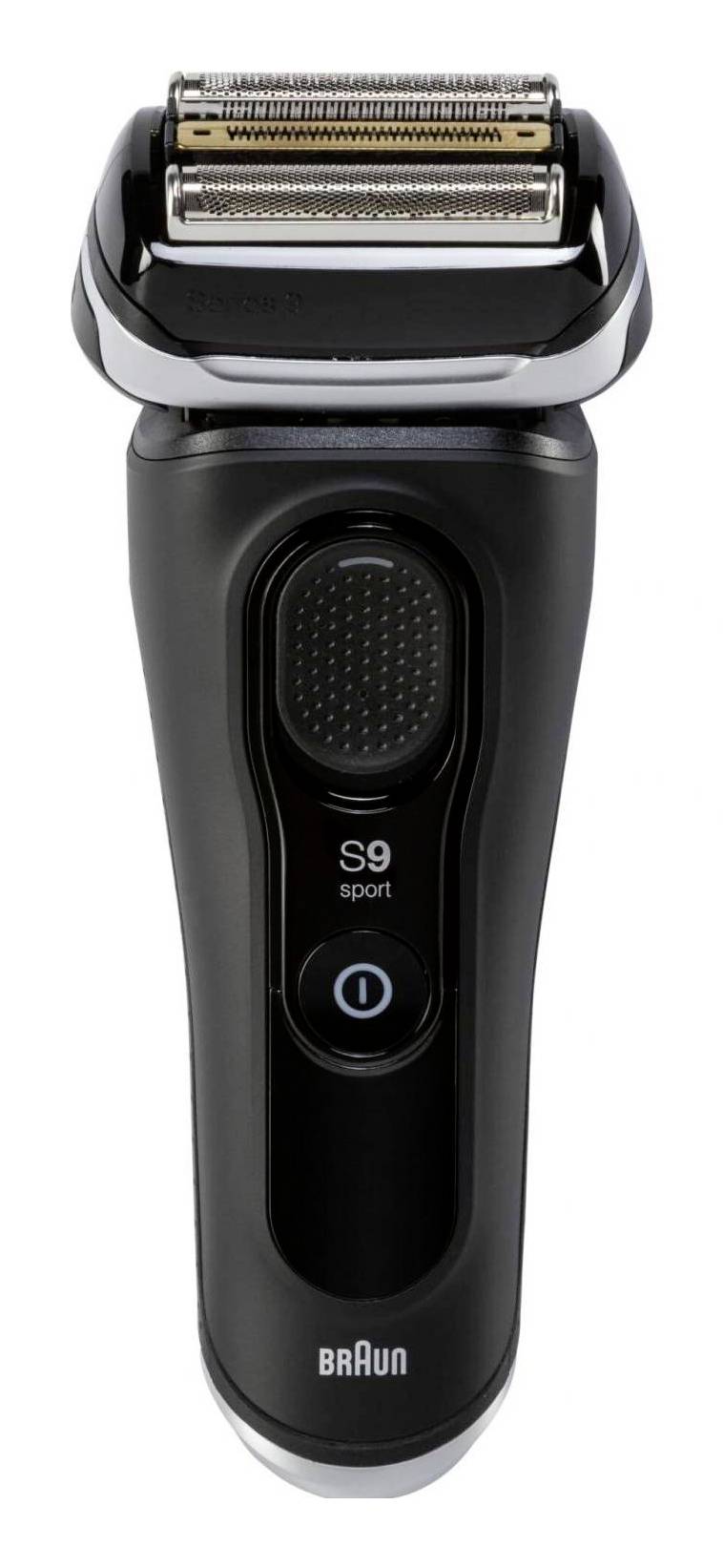 Rasoir électrique Black Braun S9 Sport avec têtes à lames, bouton d'alimentation frontal et panneau de charge/affichage.