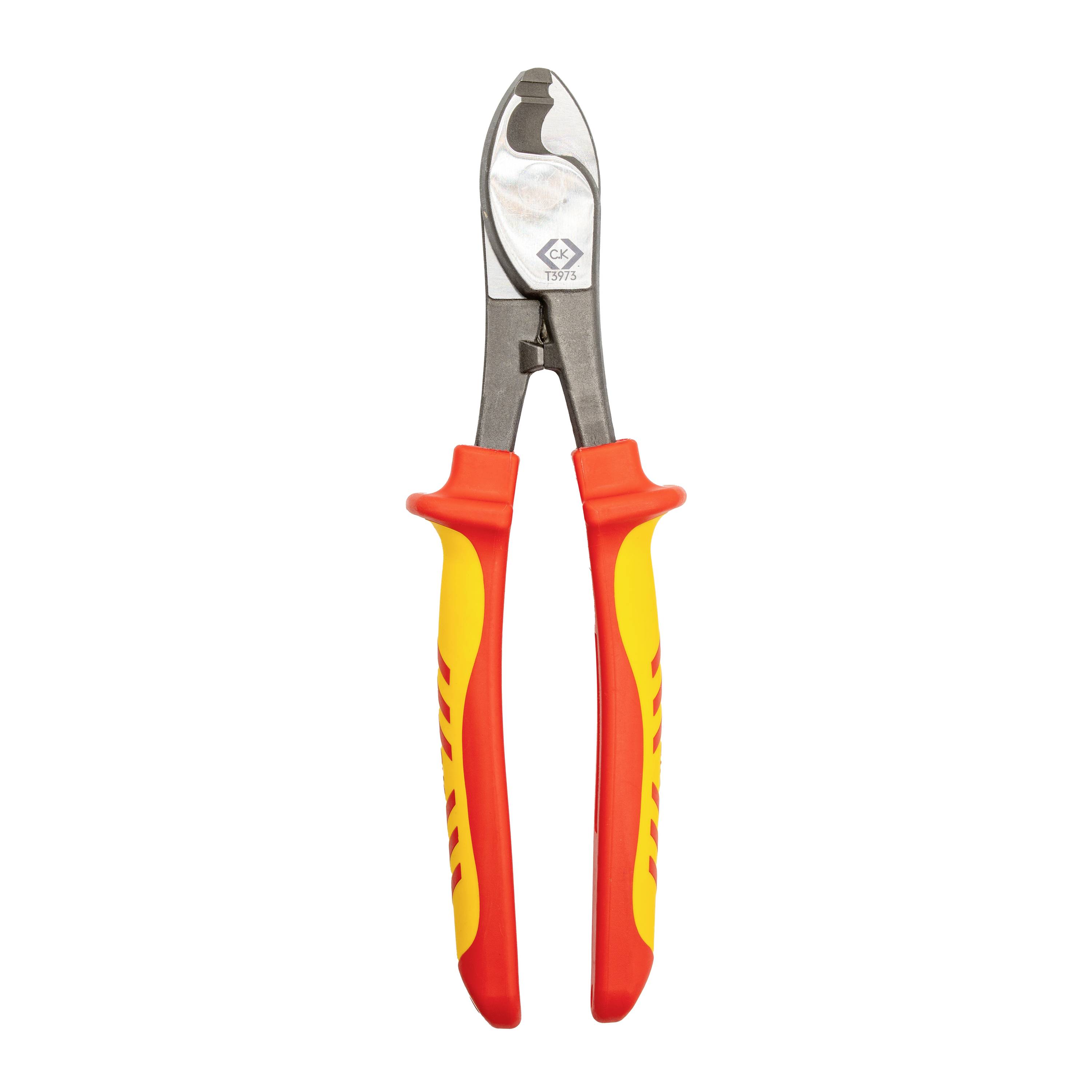 Pinces coupantes isolées rouge et jaune avec mâchoires en acier, présentées isolées sur fond blanc.