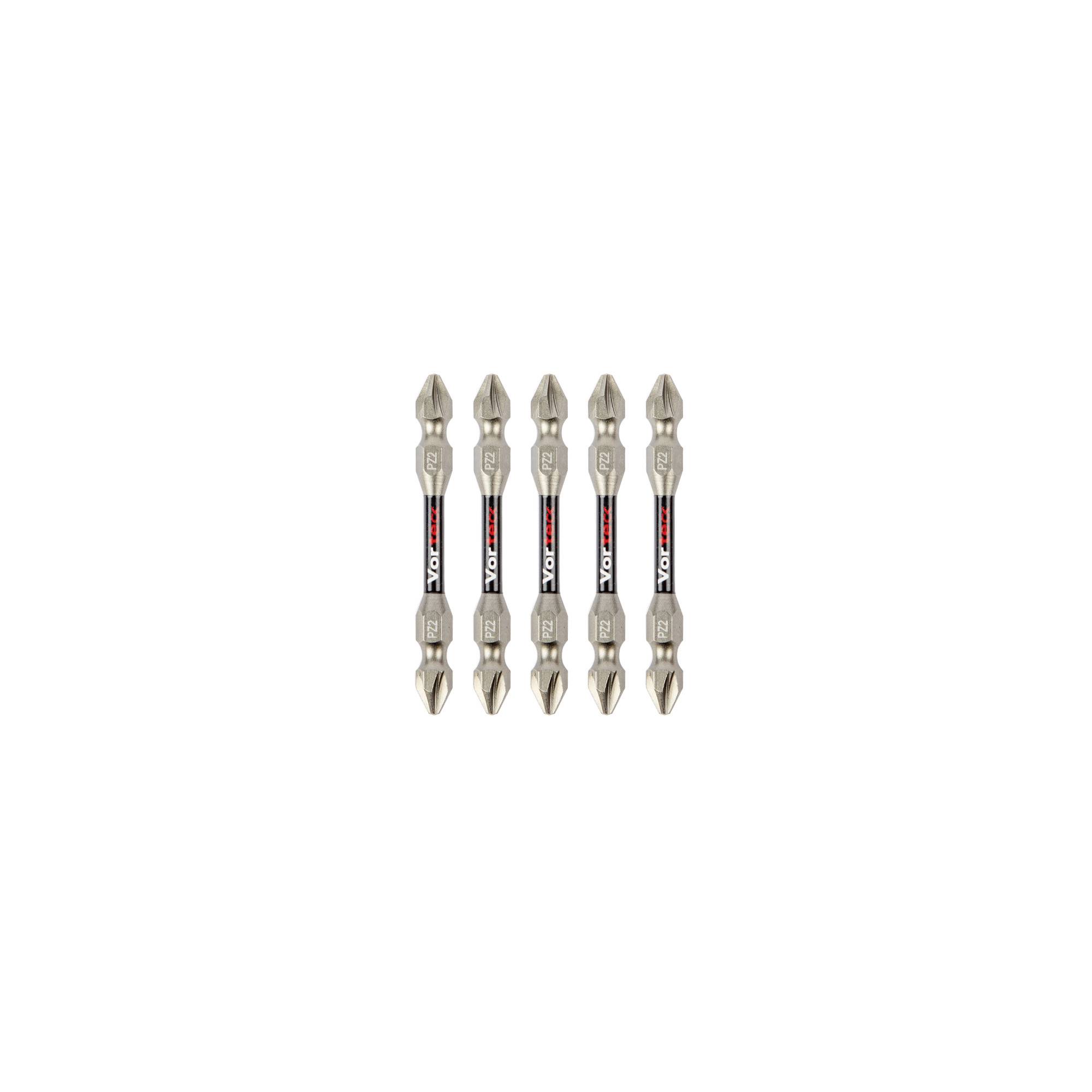 Cinq embouts de tournevis à double extrémité avec des tiges noires et rouges, disposés en rangée sur un fond blanc.