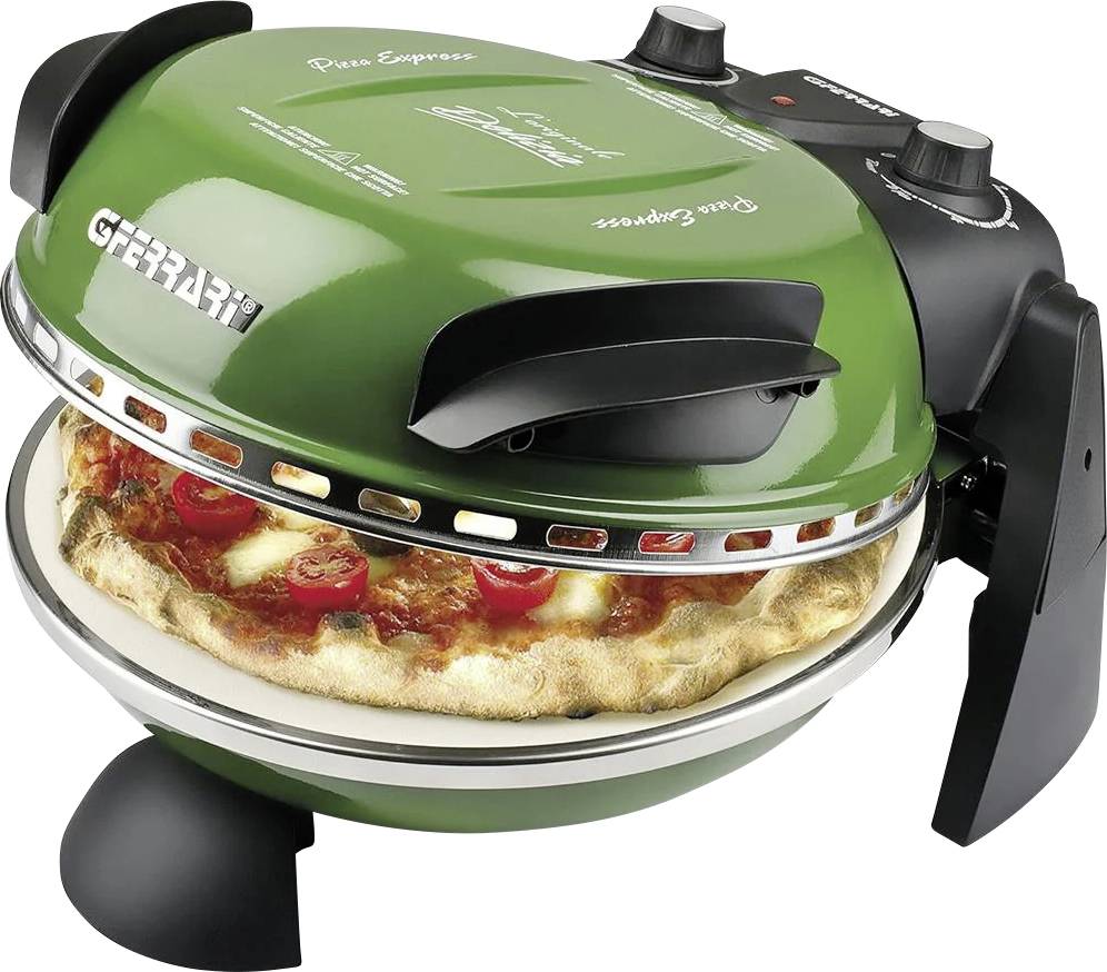 Fabricant de pizza vert avec une pizza à l'intérieur, montrant un appareil électrique de comptoir utilisé pour la cuisson de pizzas.