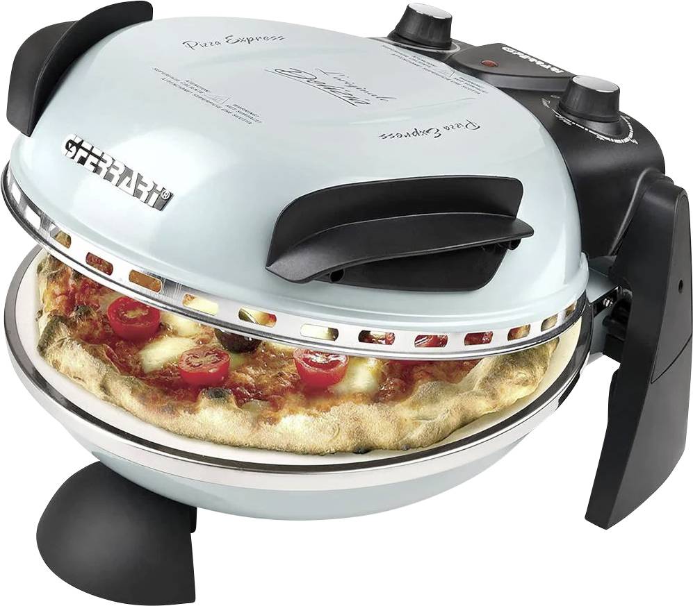 Four électrique compact avec une pizza cuisant à l'intérieur, présenté sur un fond blanc.