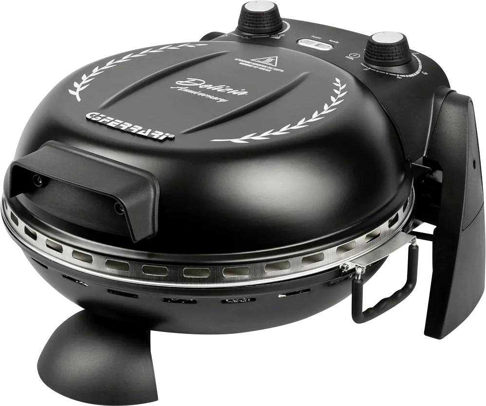 Petit grill de table à gaz portable noir avec couvercle, deux boutons de commande, poignée avant et support latéral, présenté sur un fond blanc.