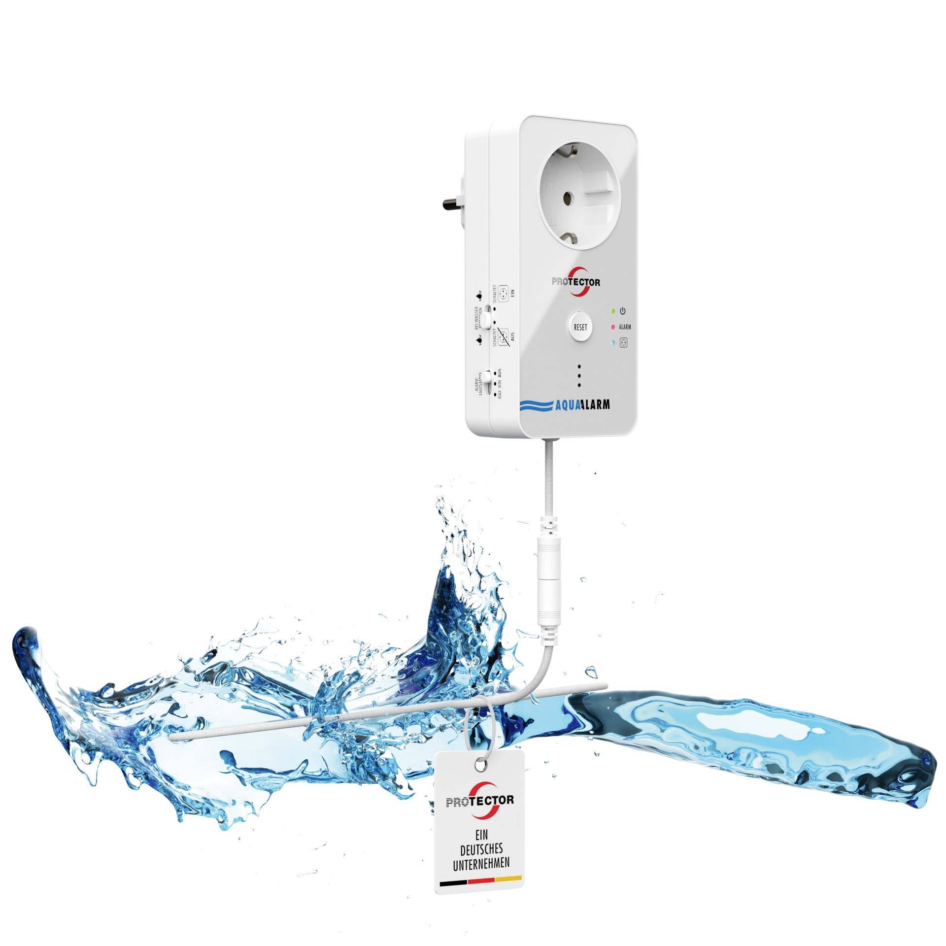 Bande d'alimentation intelligente blanche avec prise intégrée portant l'étiquette « PROTECTOR » et étiquette d'appareil connecté, présentée au-dessus d'une éclaboussure d'eau bleue pour suggérer la sécurité de l'eau ou la protection.